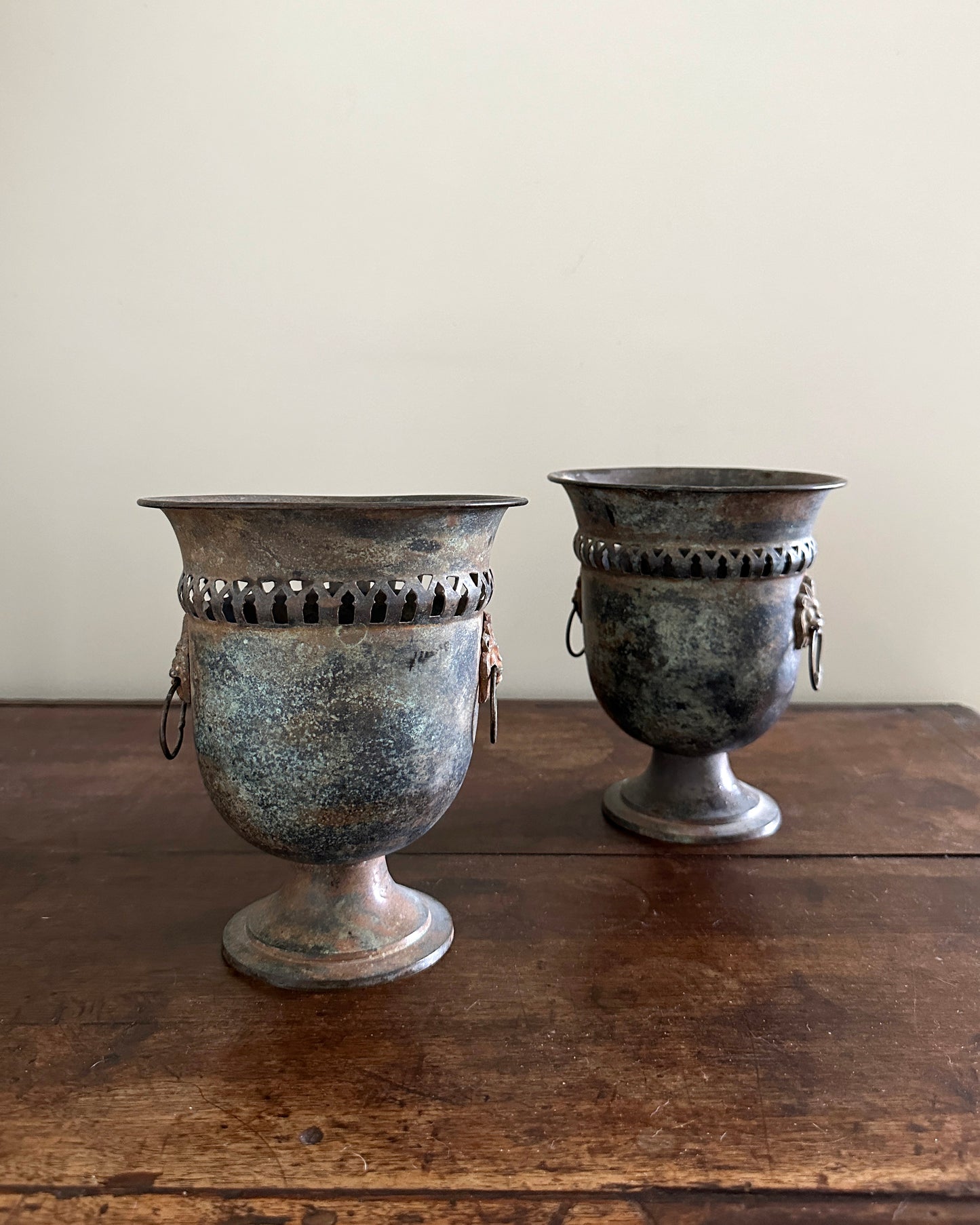 Indian Metal Planters with Lion Handles, Pair