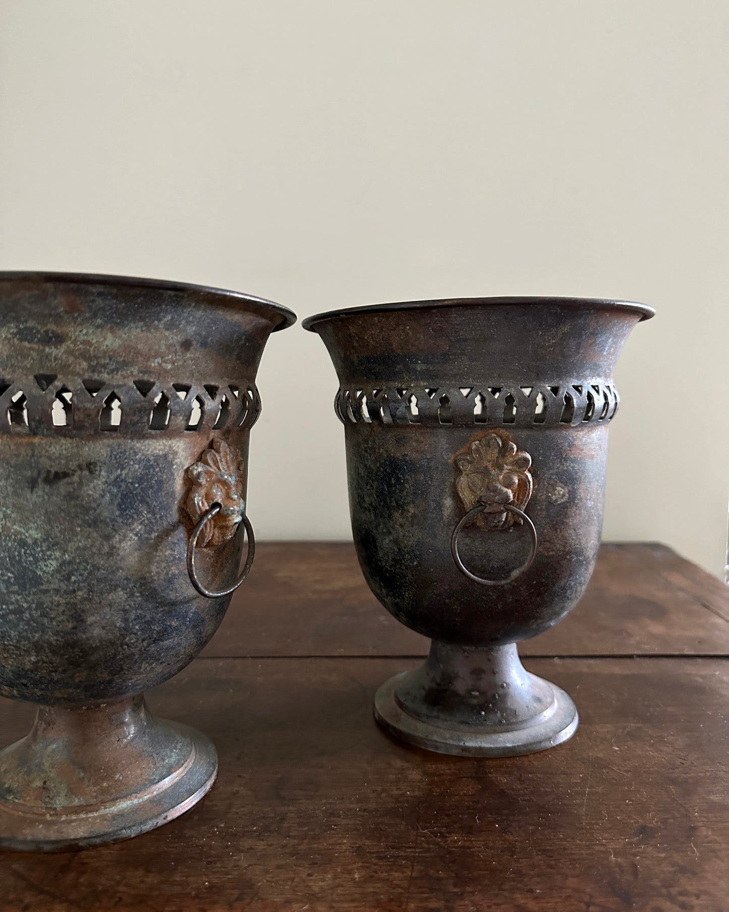 Vintage Indian Metal Planters with Lion Handles, Pair