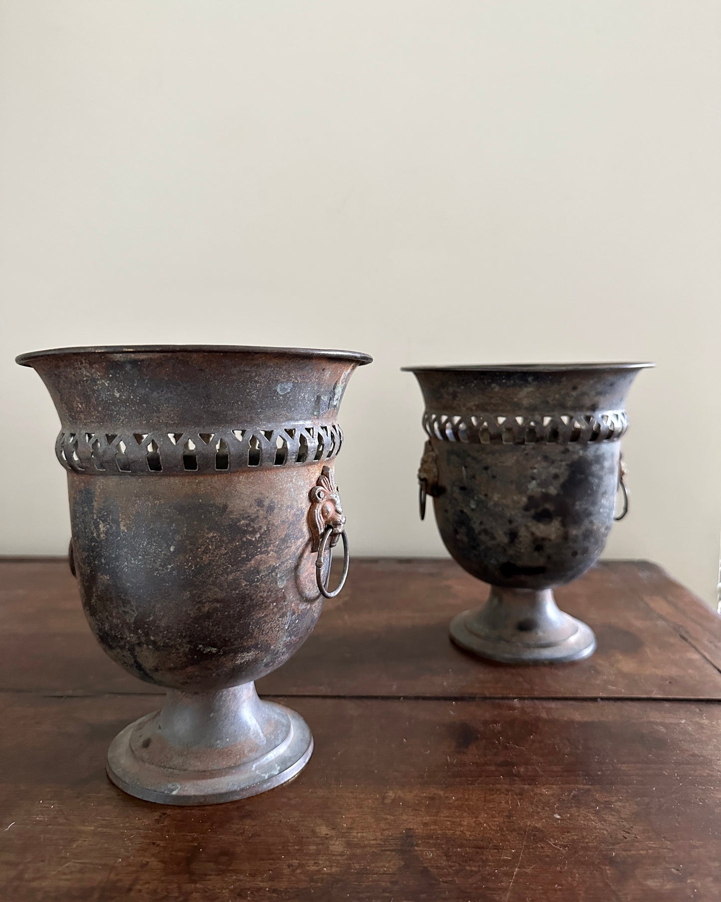 Indian Metal Planters with Lion Handles, Pair