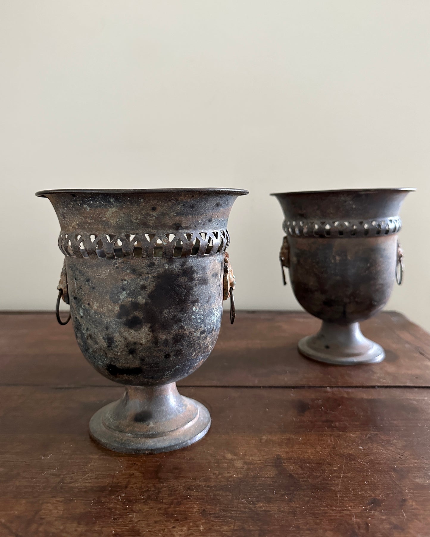 Indian Metal Planters with Lion Handles, Pair