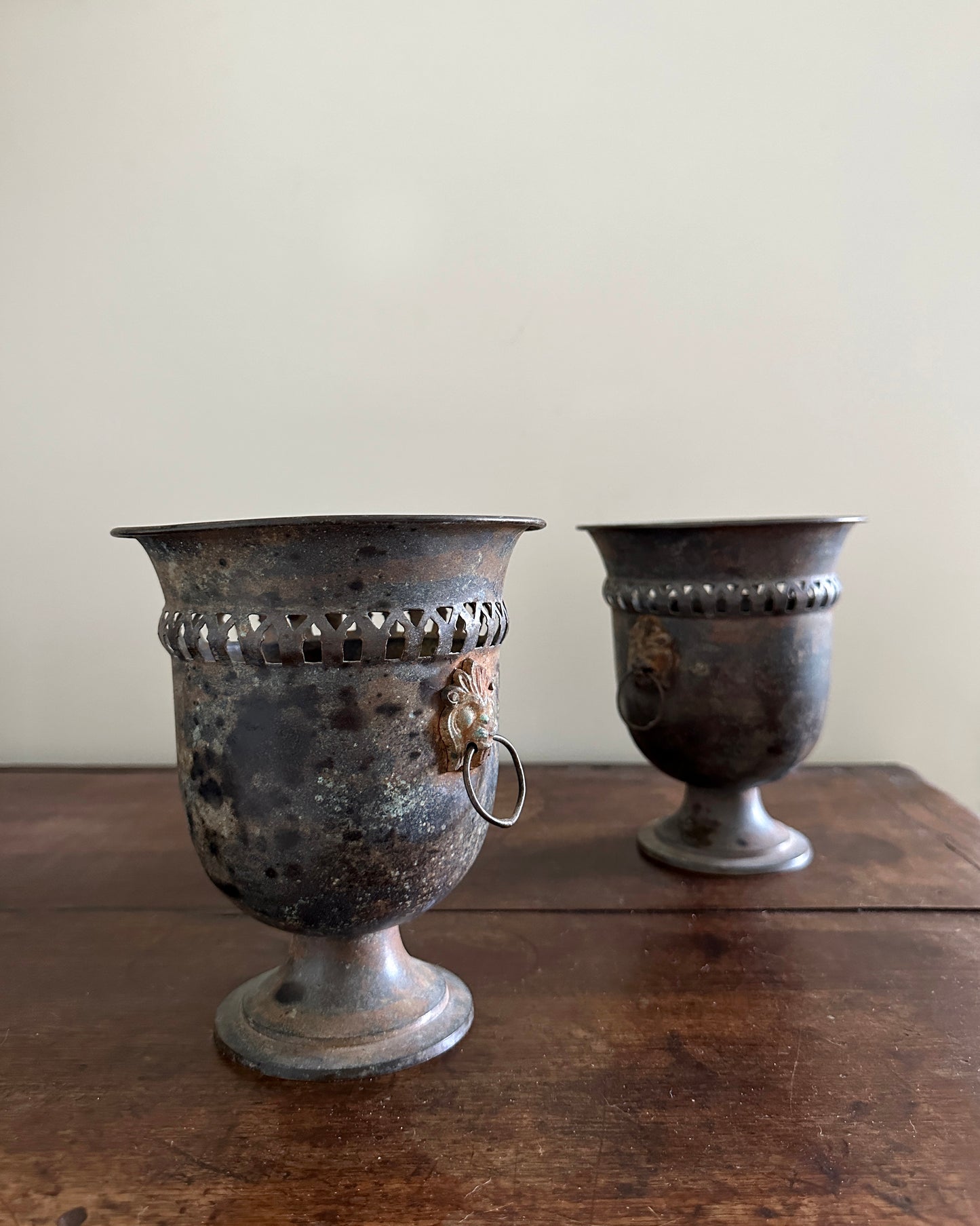 Indian Metal Planters with Lion Handles, Pair