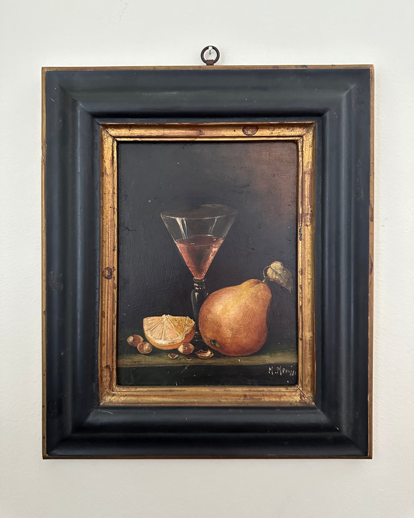 Vintage Italian Still Life With Pear, Framed Paint on Tin