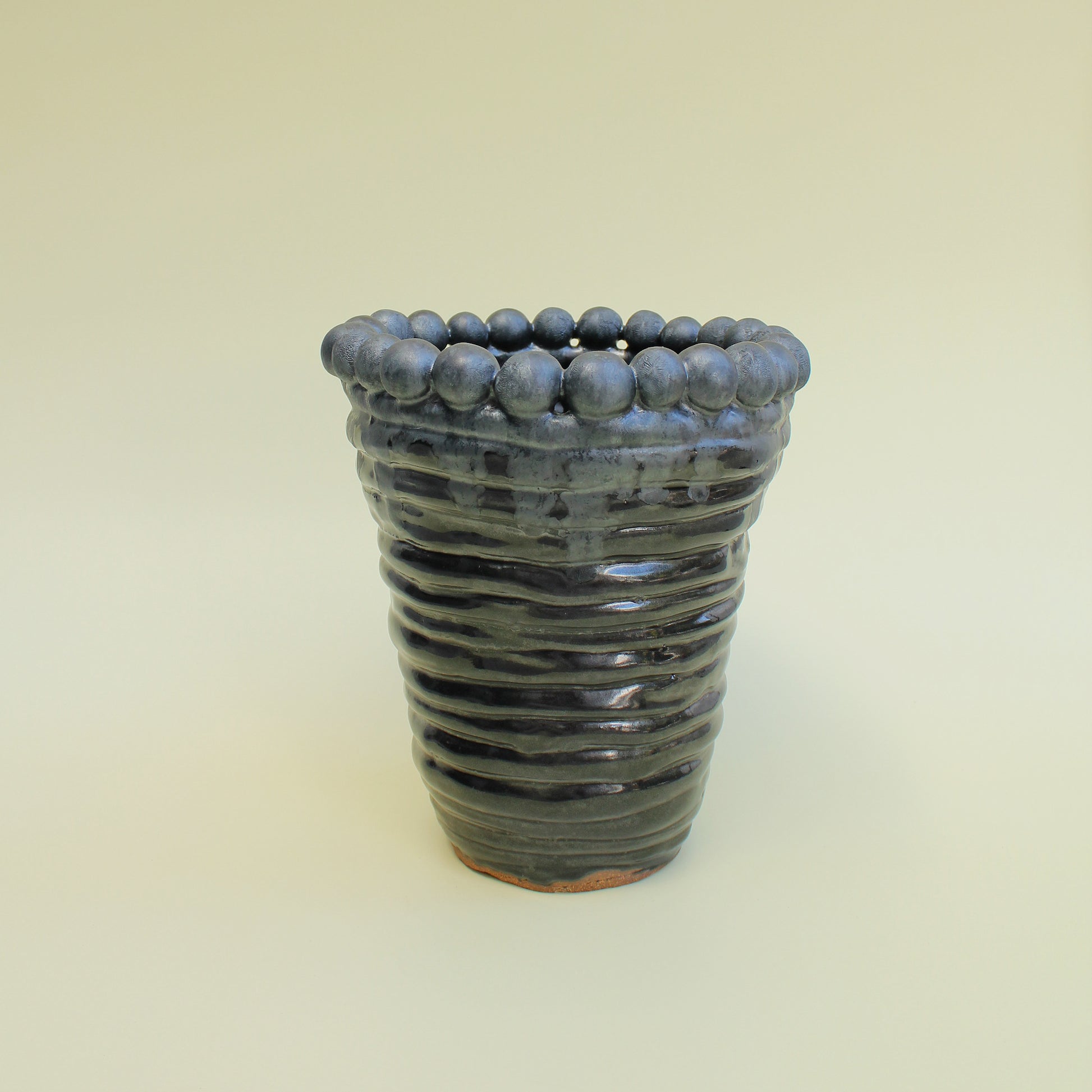 Vintage Studio Ceramic Large Ribbed Black and Silver Orb Vase