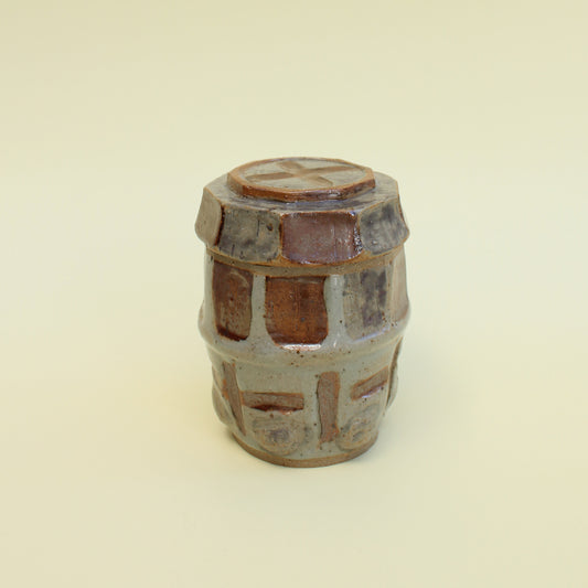 Handmade ceramic pot with lid, brown and grey, signed 1992