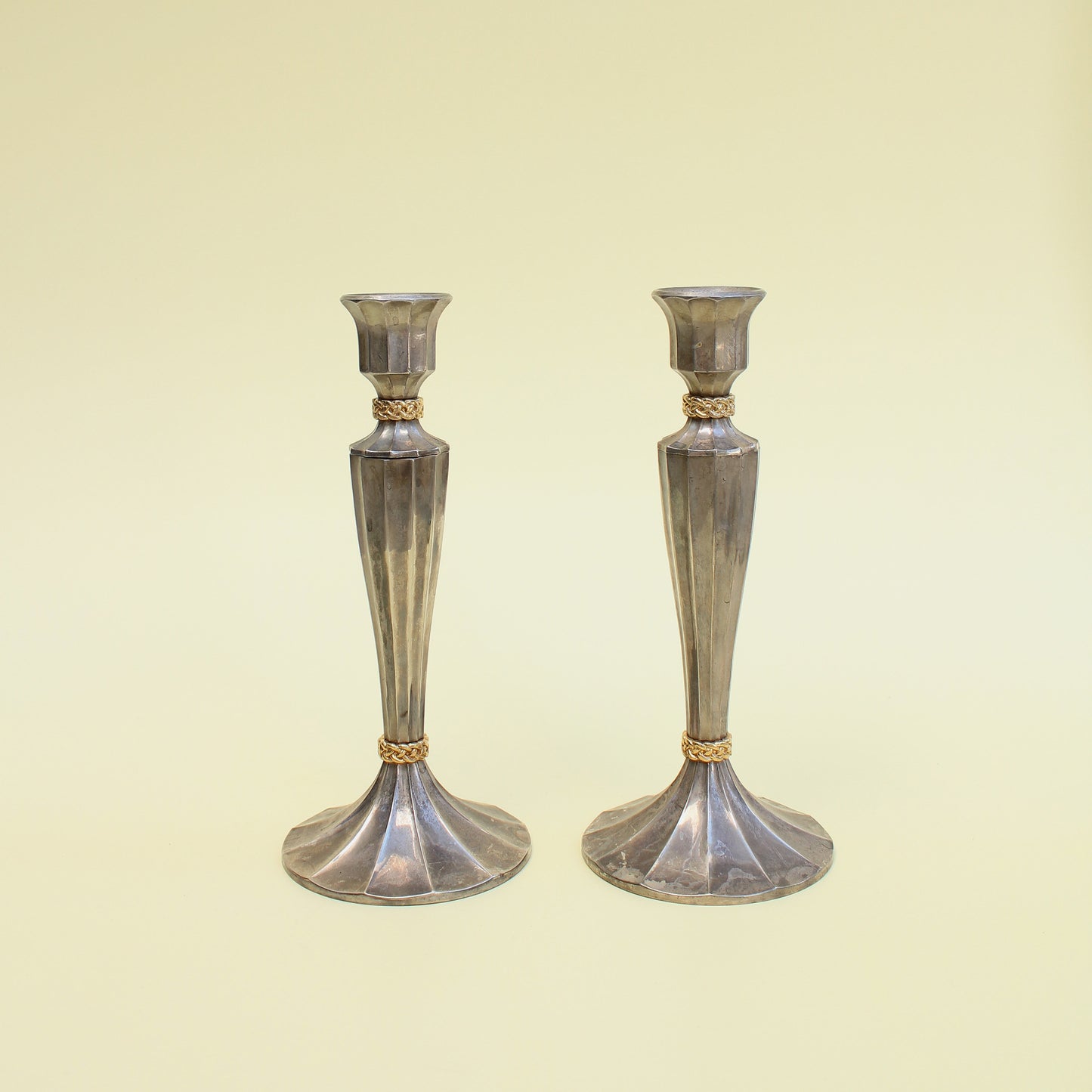 Vintage Silvertone  Candlesticks with Gold Chain Detail 