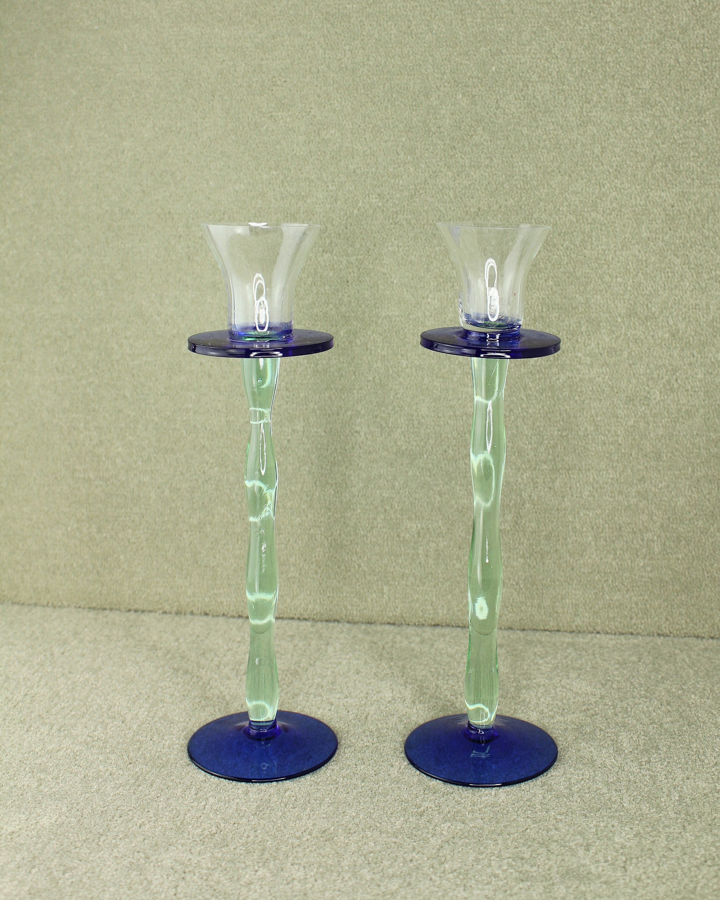 Blue Green Wavy Glass Candlesticks