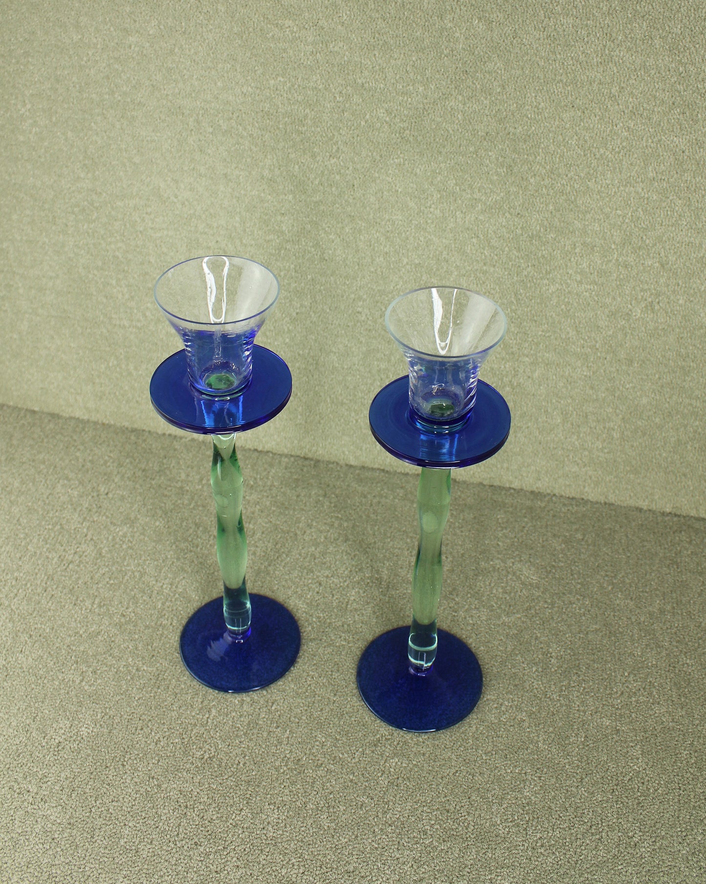 Blue Green Wavy Glass Candlesticks