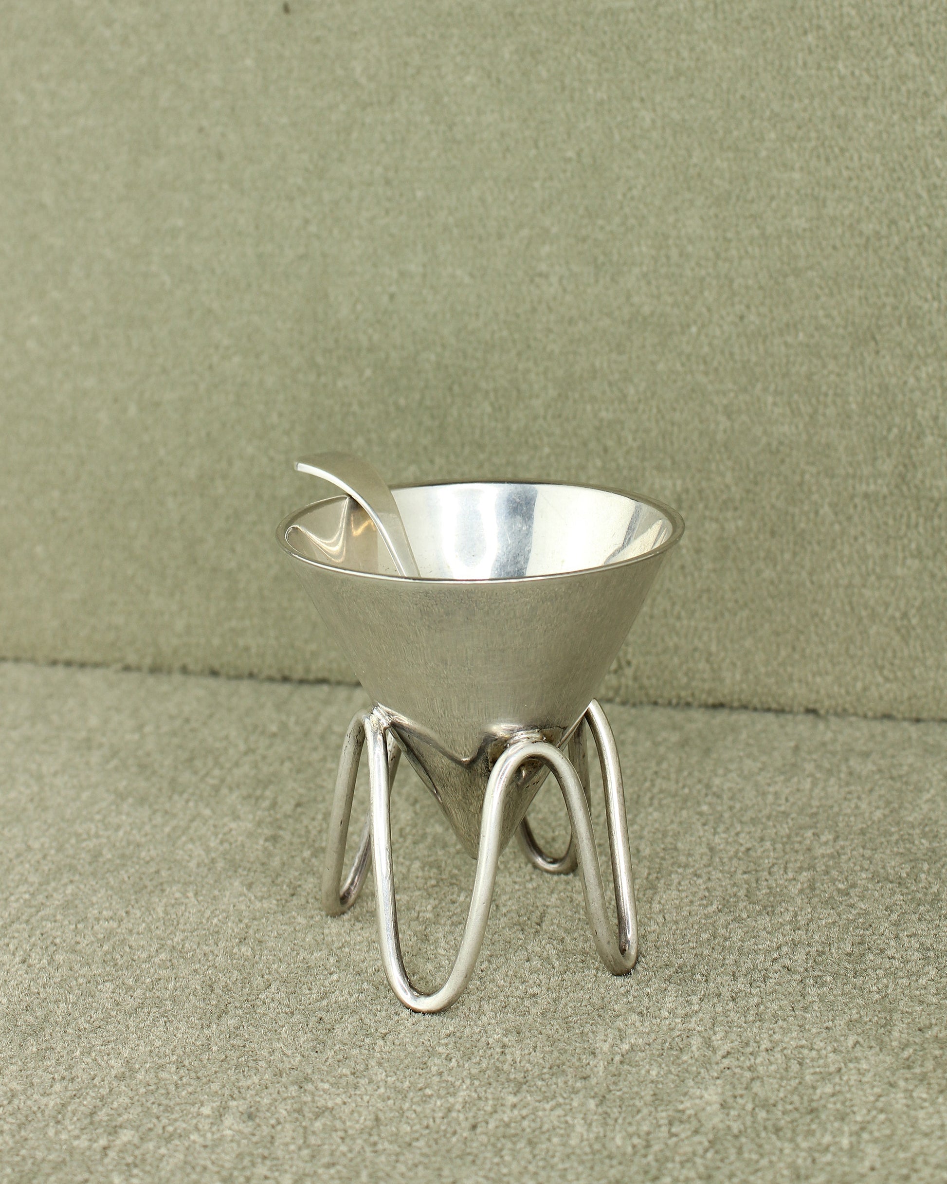 Vintage Danish Conical 20th Century Sugar Bowl On Legs With Spoon Silver Plated Brass