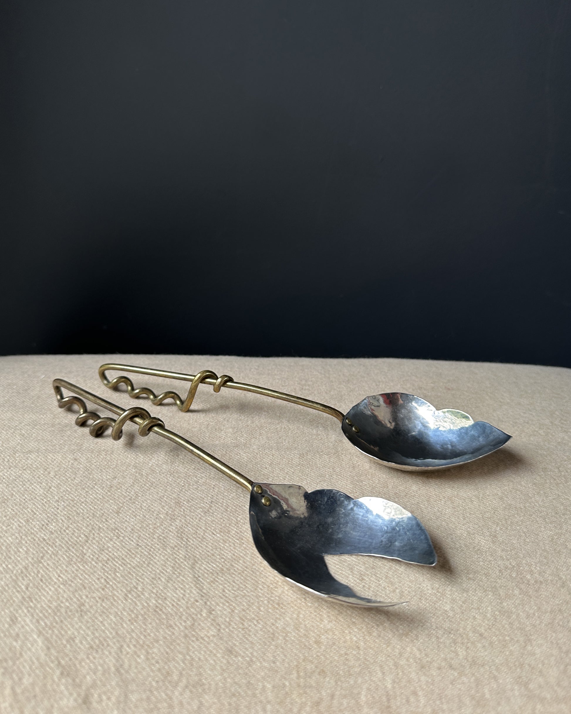 Vintage Mid Century Handcrafted Mixed Metal Salad Servers Brutalist Brass and Stainless Steel