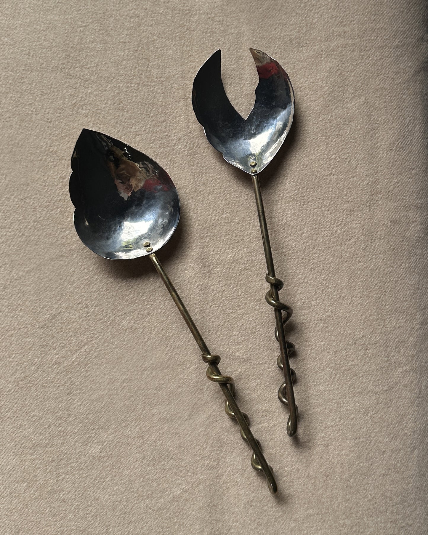 Mid Century Handcrafted Mixed Metal Salad Servers