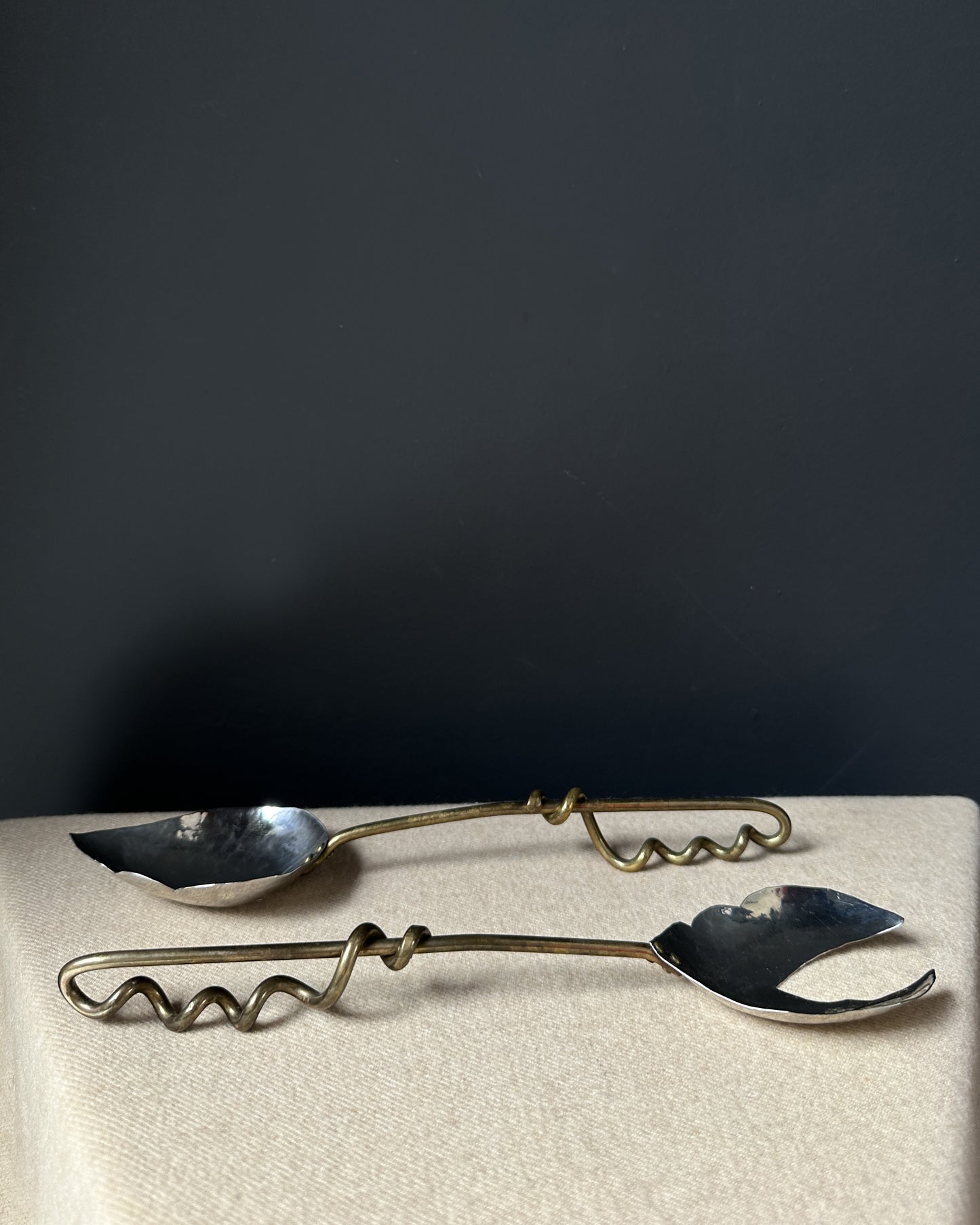 Mid Century Handcrafted Mixed Metal Salad Servers