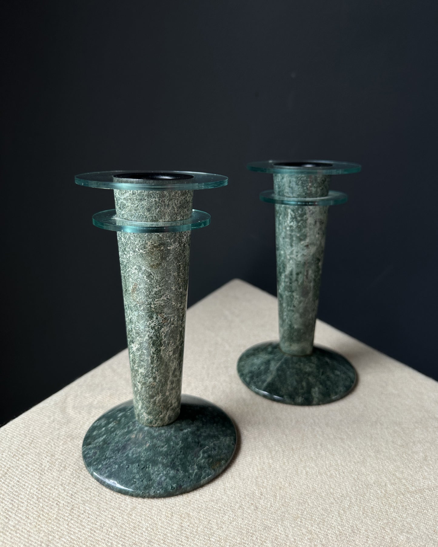 Green Marble and Lucite Candle Holders, Pair