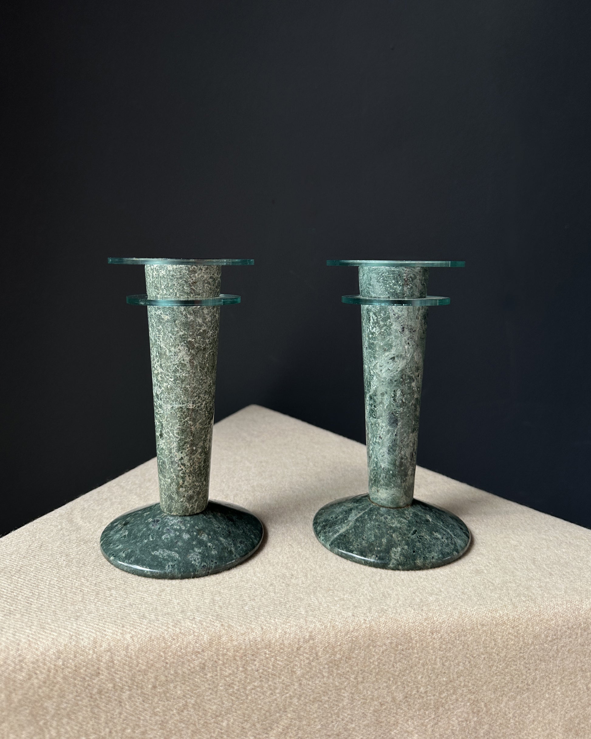 Vintage 1980s Green Marble and Lucite Candle Holders, Pair