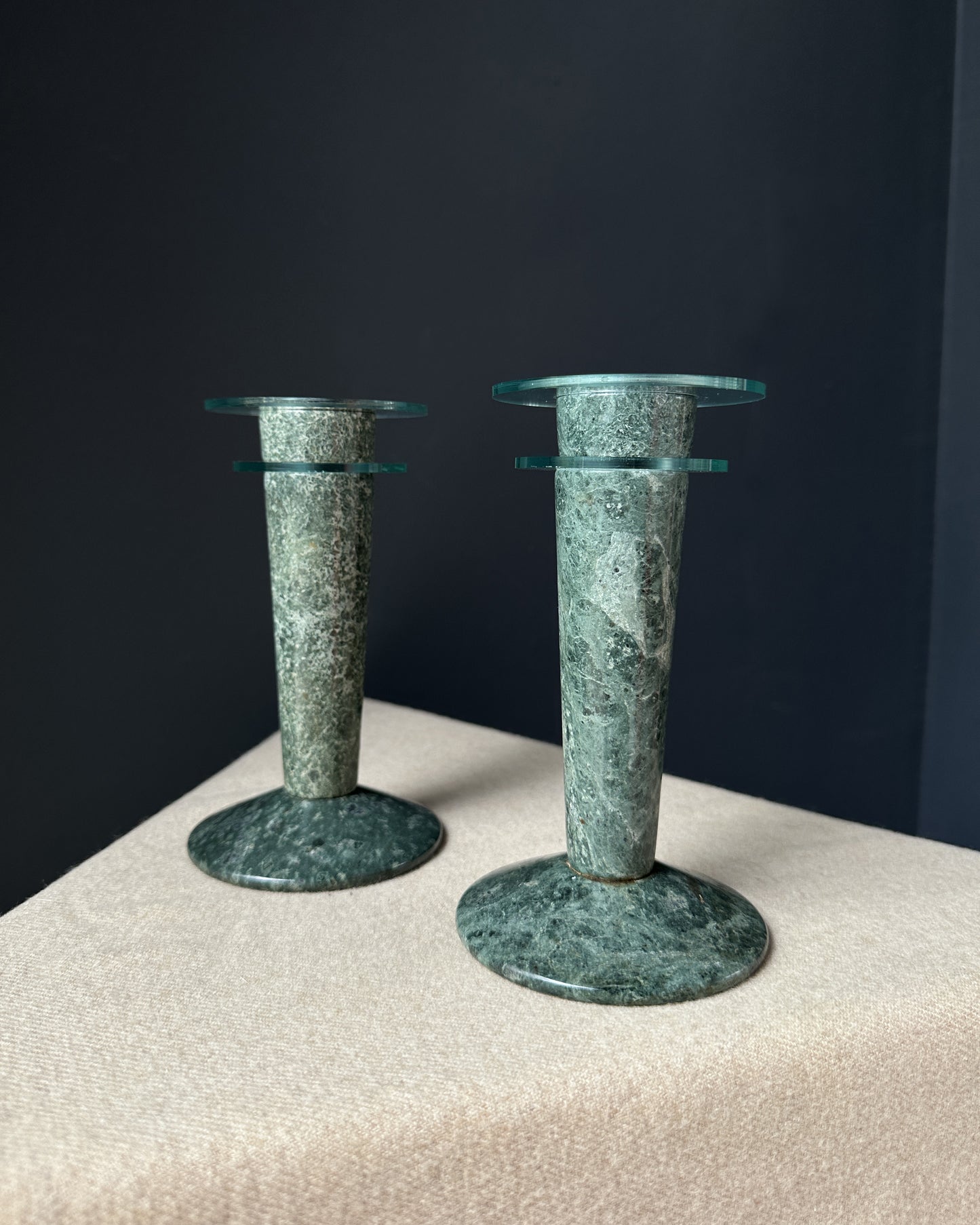 Green Marble and Lucite Candle Holders, Pair