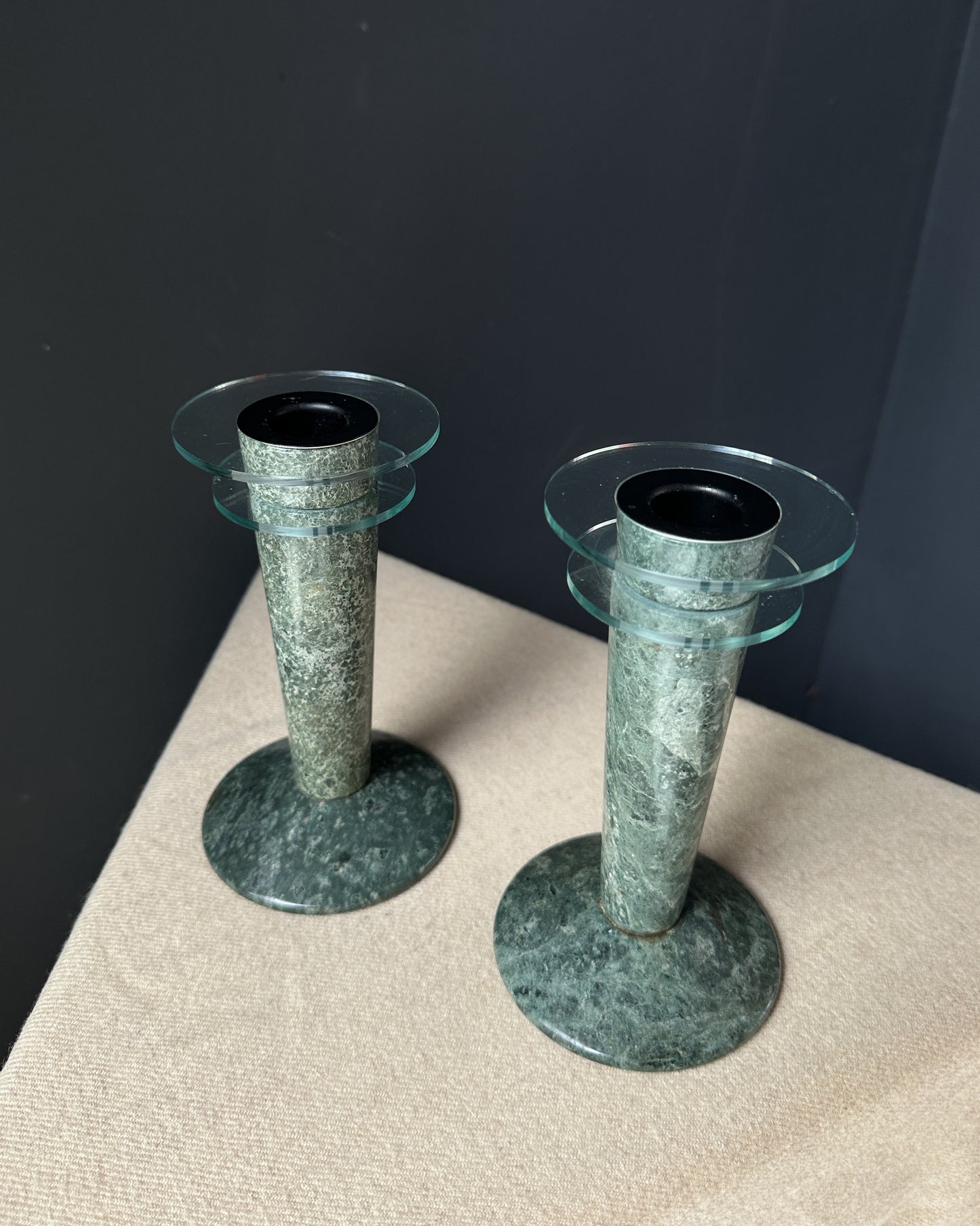 Green Marble and Lucite Candle Holders, Pair