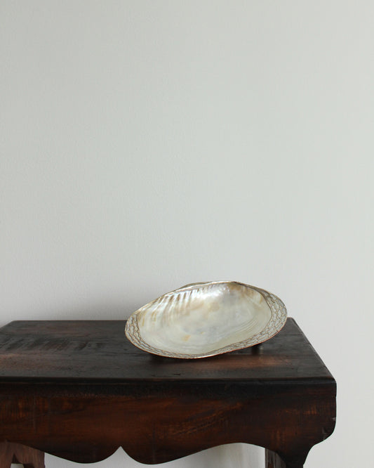 Decorative silver bowl on a wooden surface with a plain background