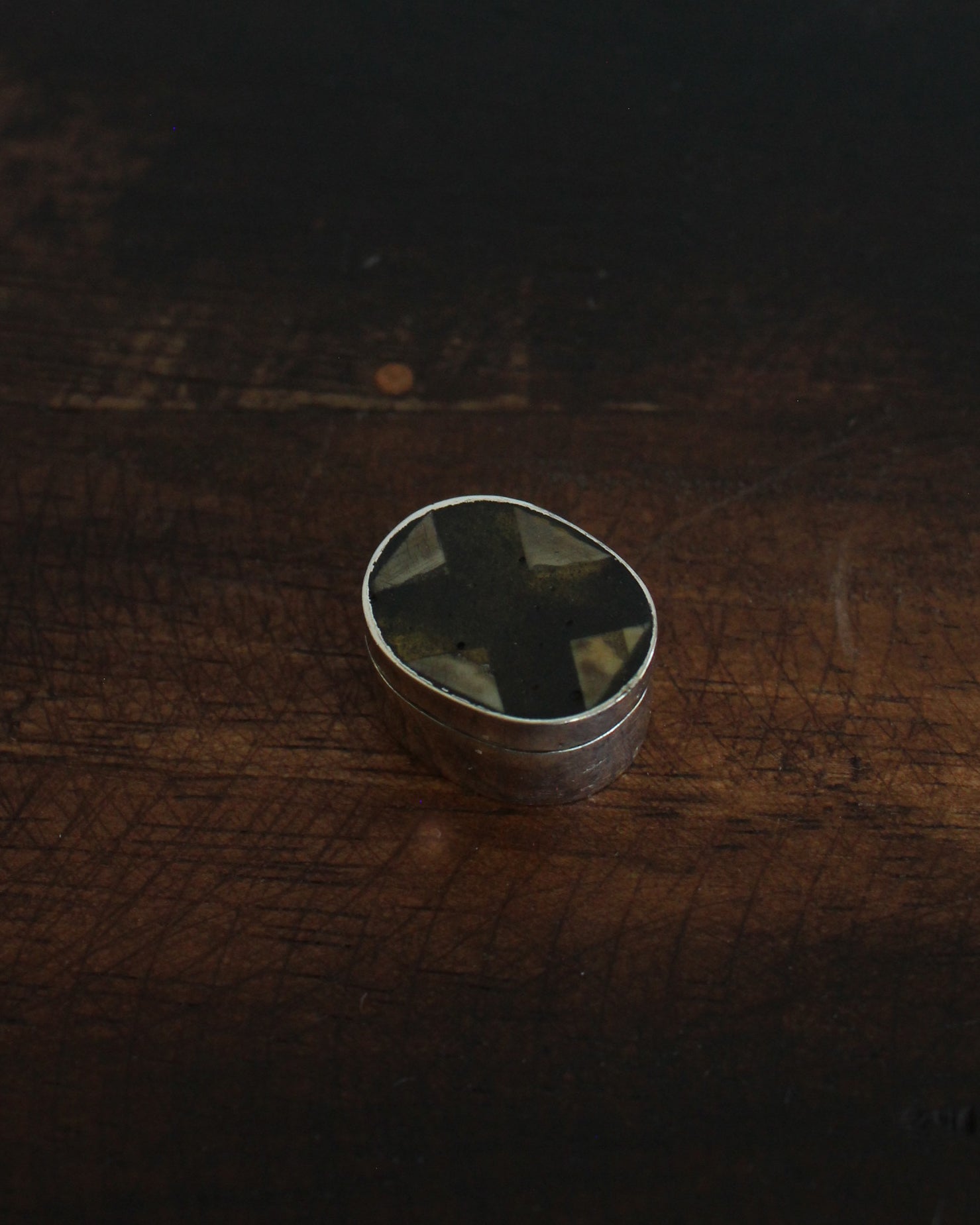 Silver Pill Box With Cross Design Bone Inlay