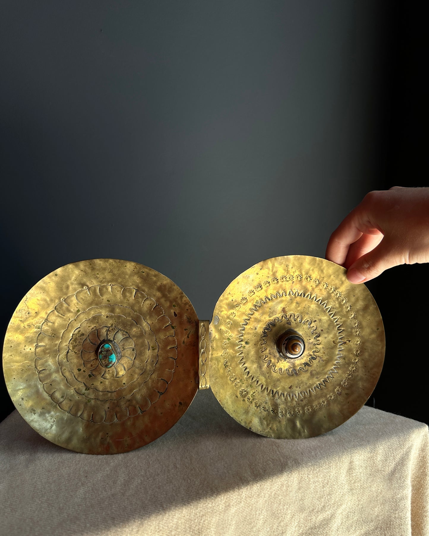 Turquoise and Shell Brass Tray