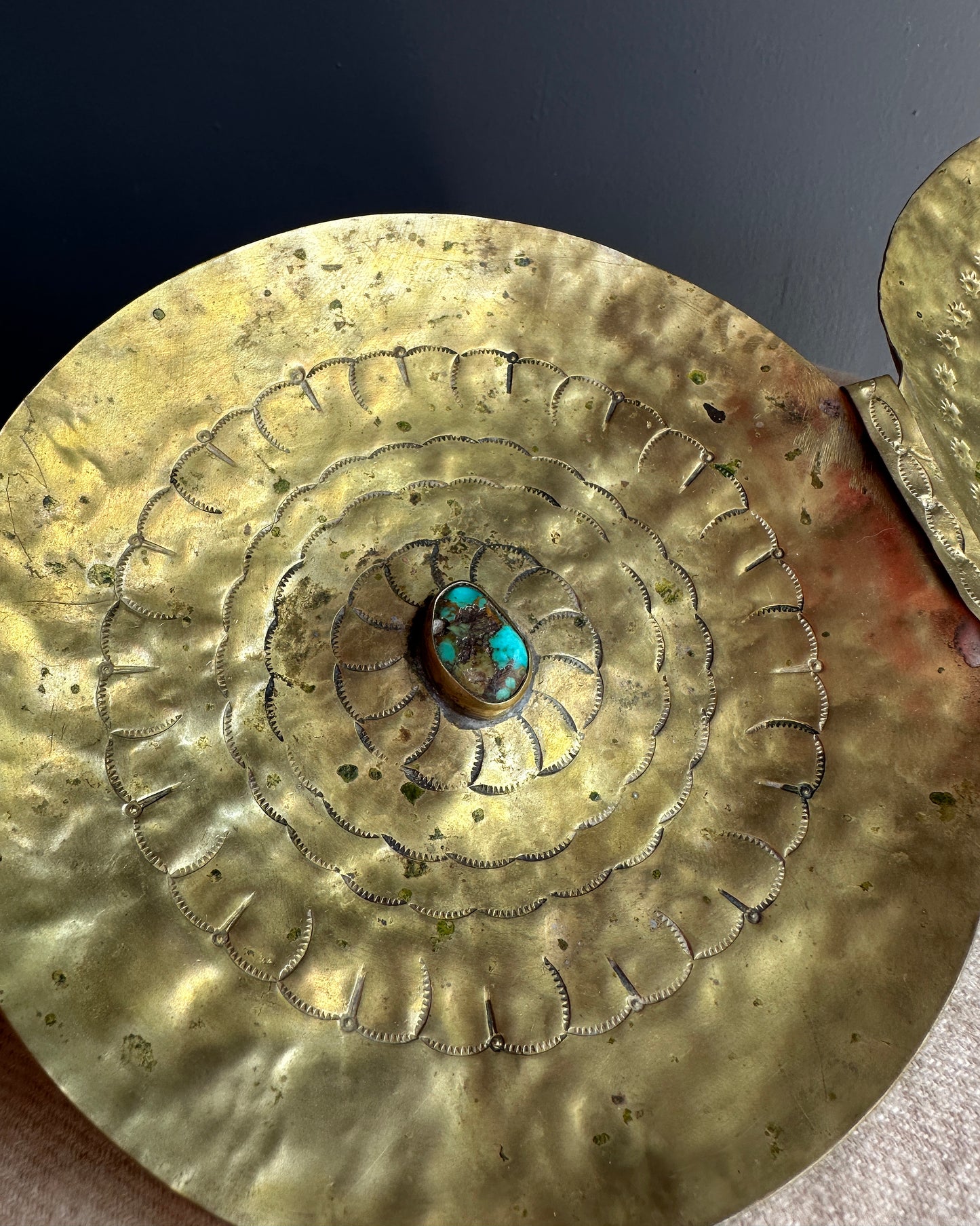 Turquoise and Shell Brass Tray