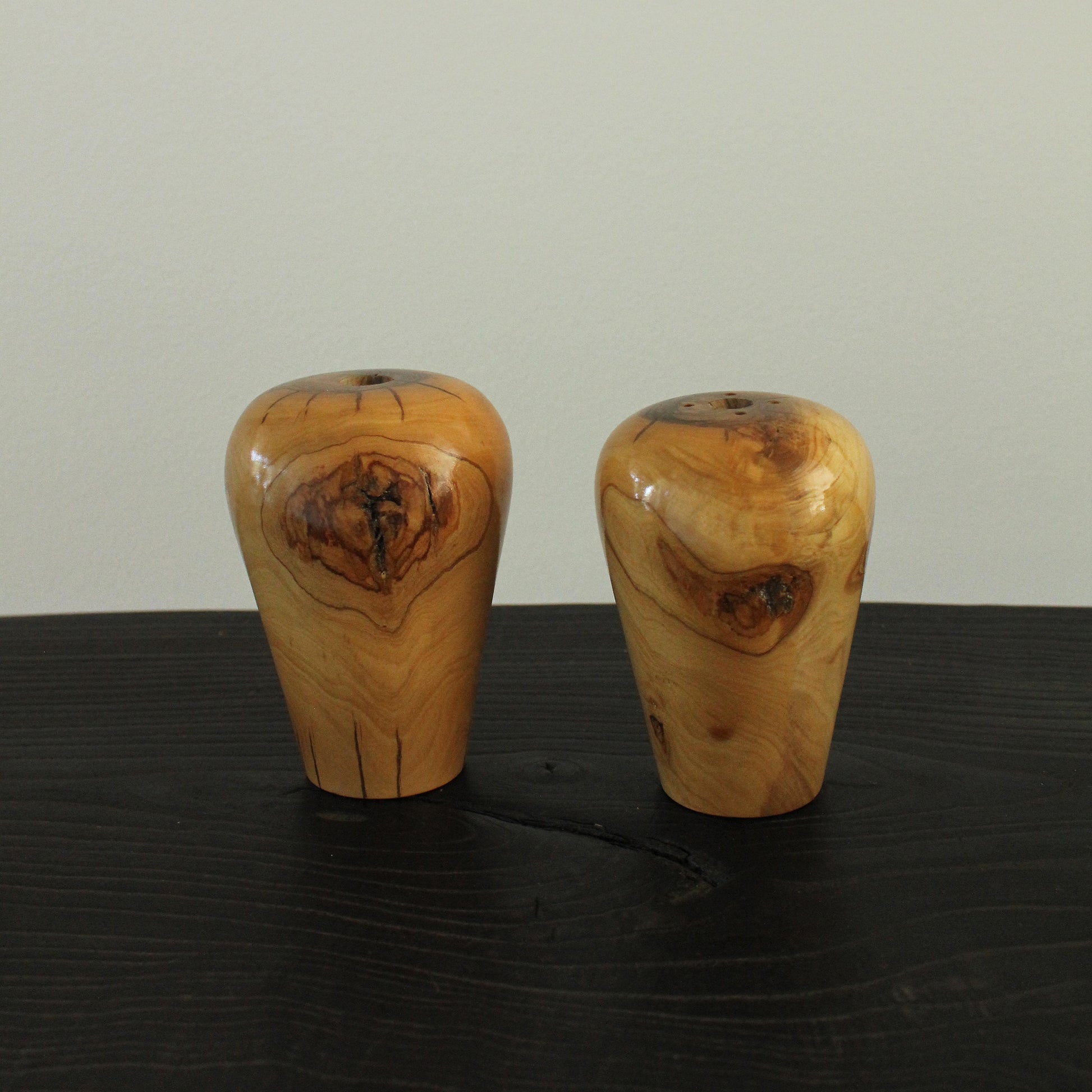 Vintage 1980s Lacquered Natural Wood Salt & Pepper Shakers