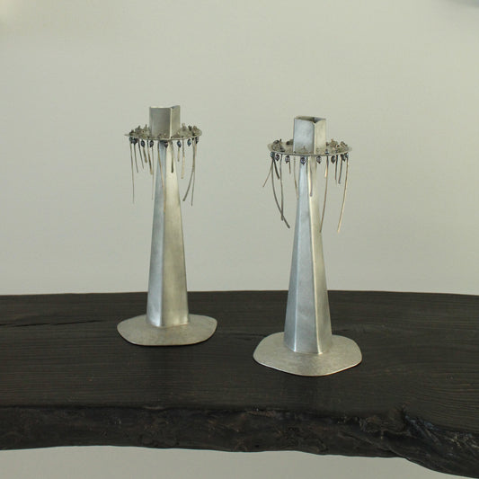 Vintage 1990s Modernist Style Beaded Aluminium Studio Candle Sticks Artist Signed 