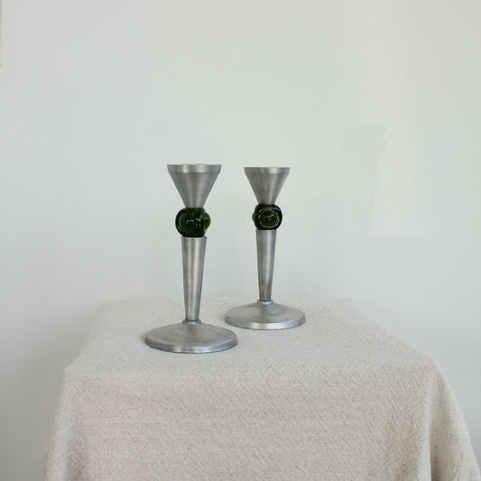 Vintage Mid Century Handblown Green Orb and Silver Metal Candle Sticks