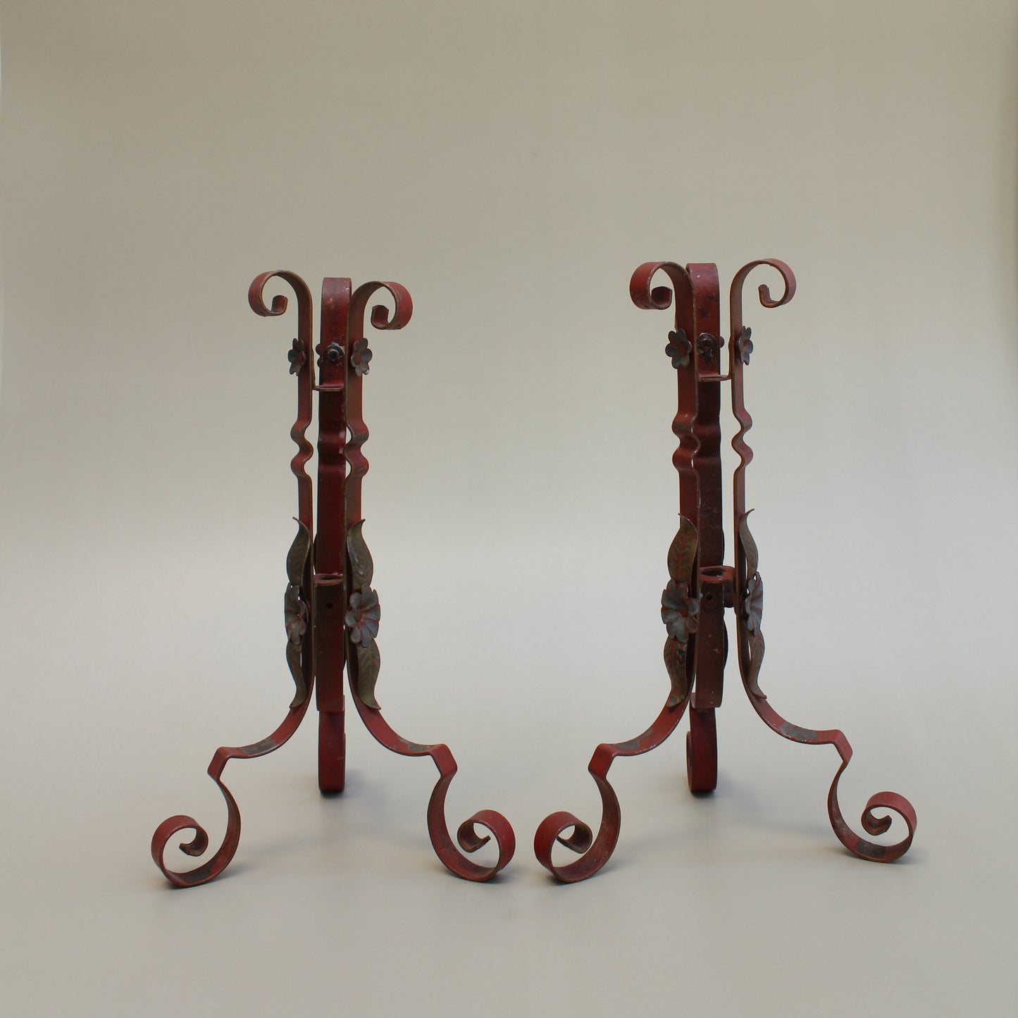 Vintage Red Metal Scrolled Floral French Candle Sticks