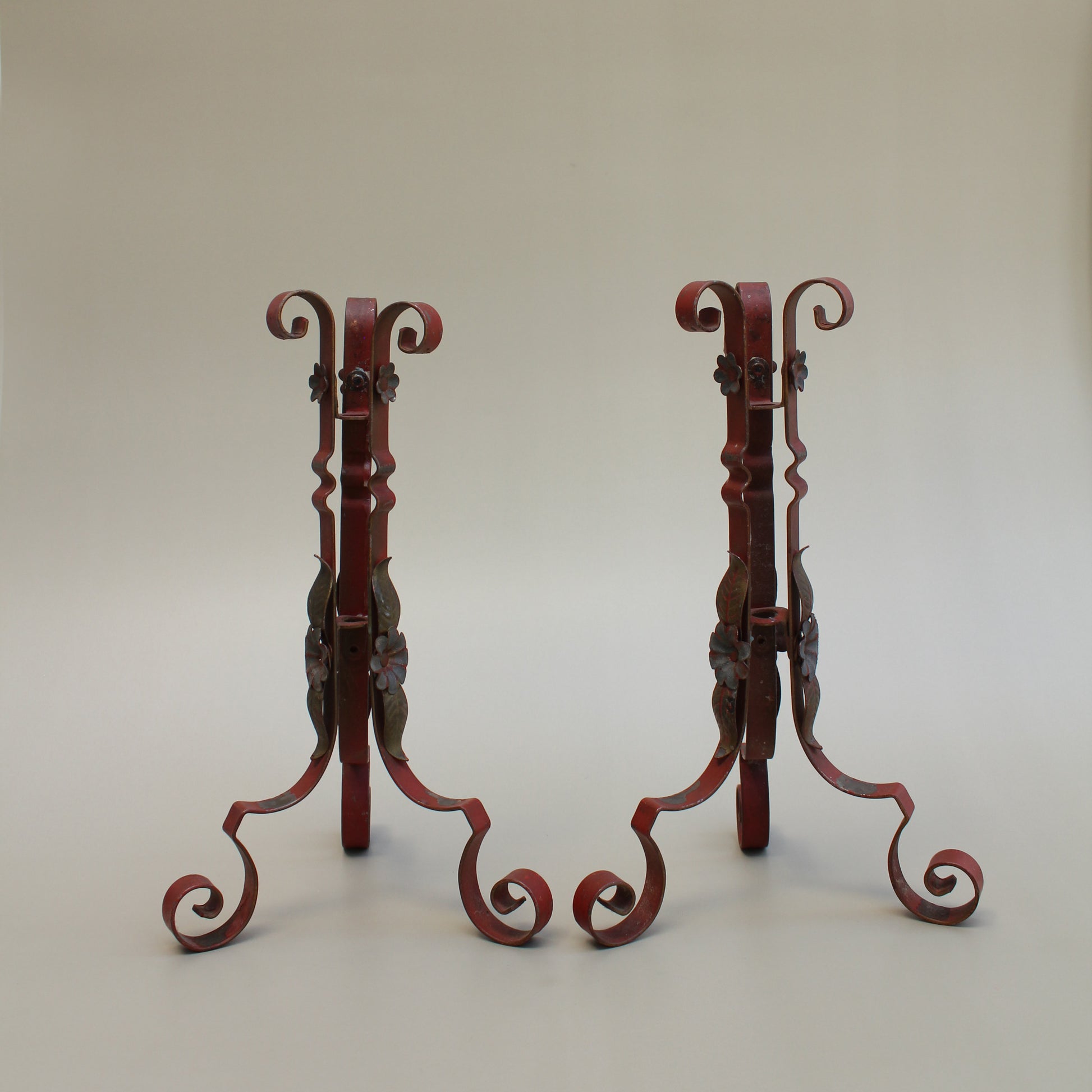 Vintage Red Metal Scrolled Floral French Candle Sticks