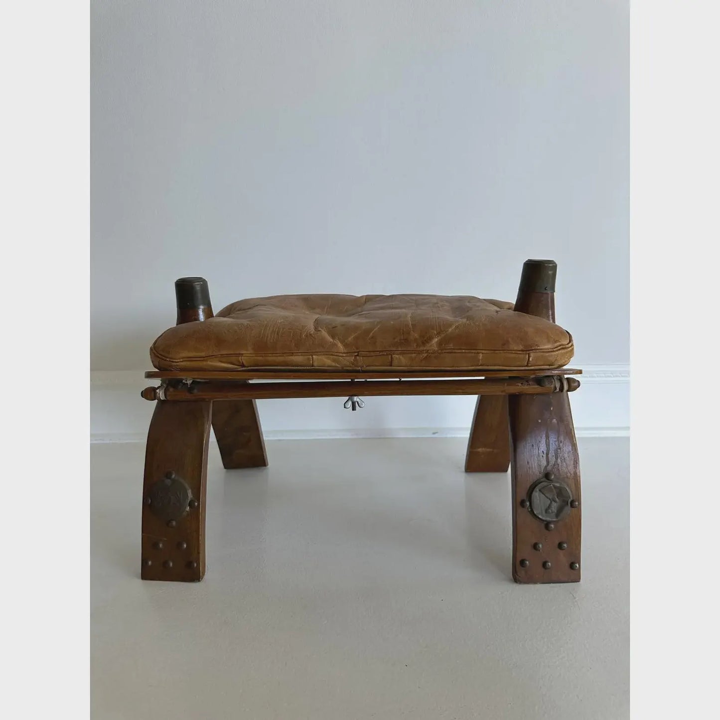 Vintage Egyptian Camel Saddle Stool, Embossed Leather Seat, Brass details, 20th Century