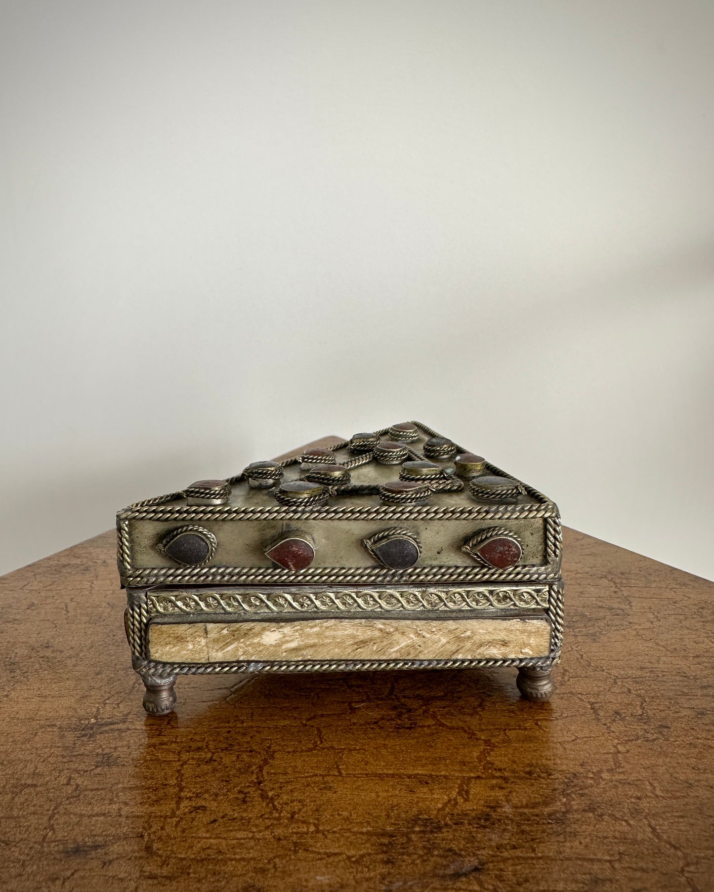 Triangular Footed Ornate Vintage Bone Brass and Natural Stone Trinket Jewellery Box Leather Inside