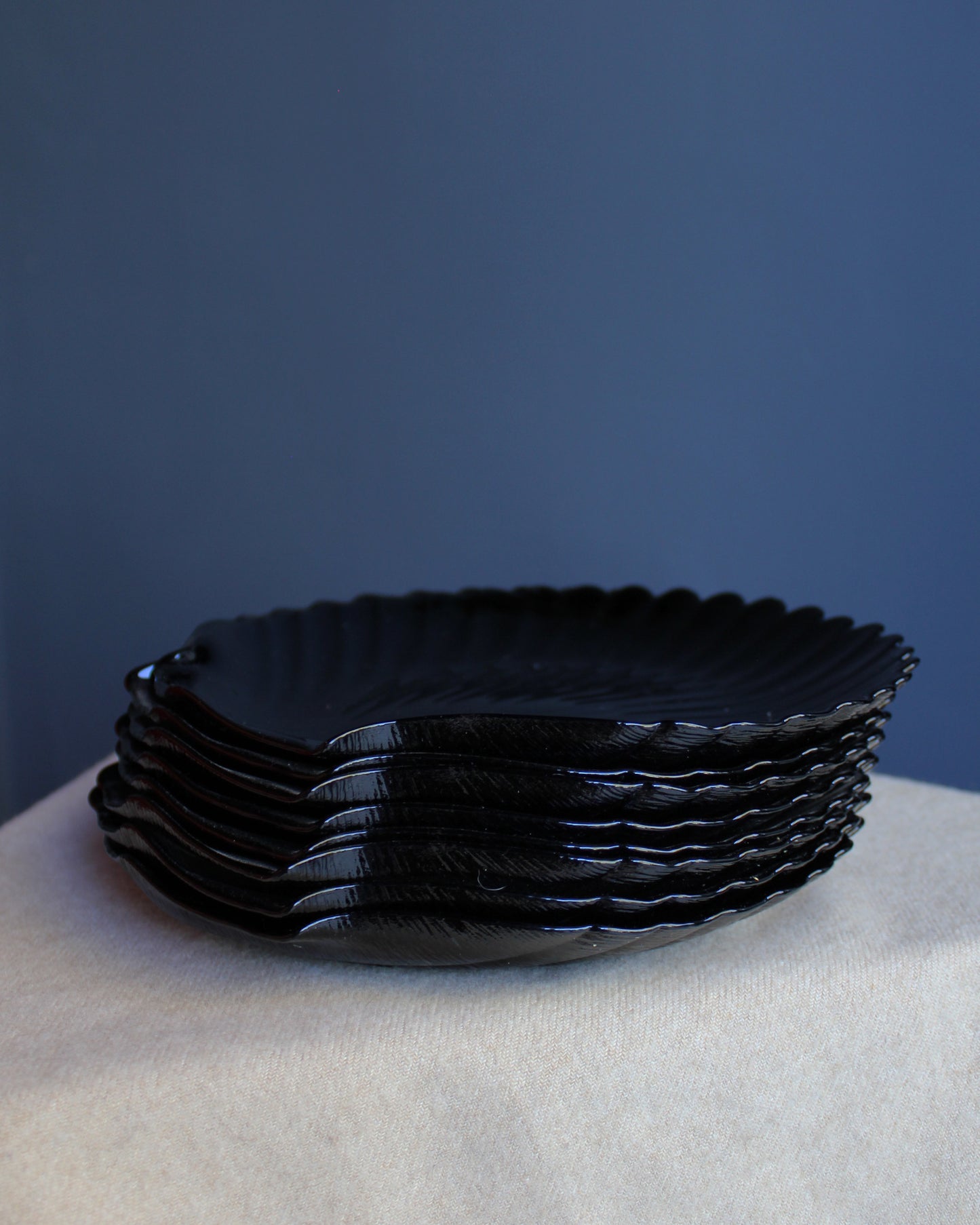 Black Glass Shell Salad Plates, Set of 8