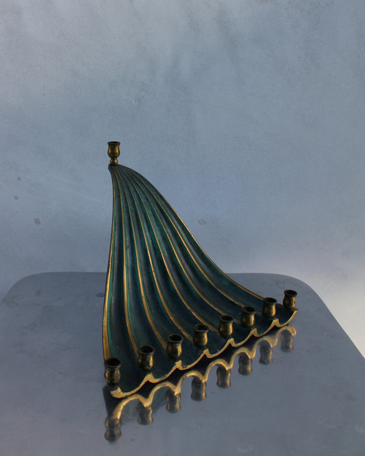 Mid Century Brass Waterfall Peacock Menorah