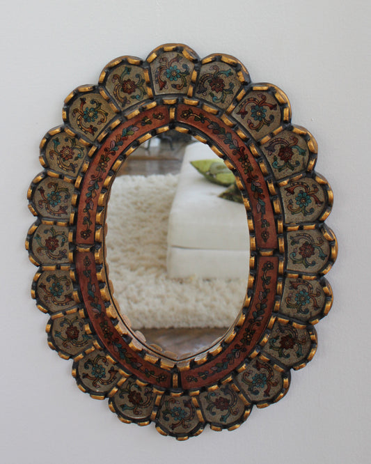 Vintage Peruvian Ornate Painted Floral Mirror