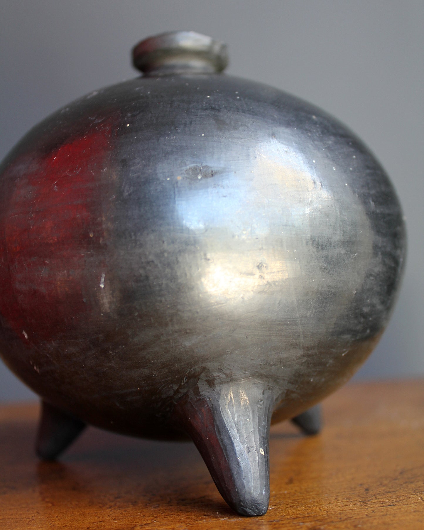 Handmade Round Tripod Vase Silvered Black Glaze