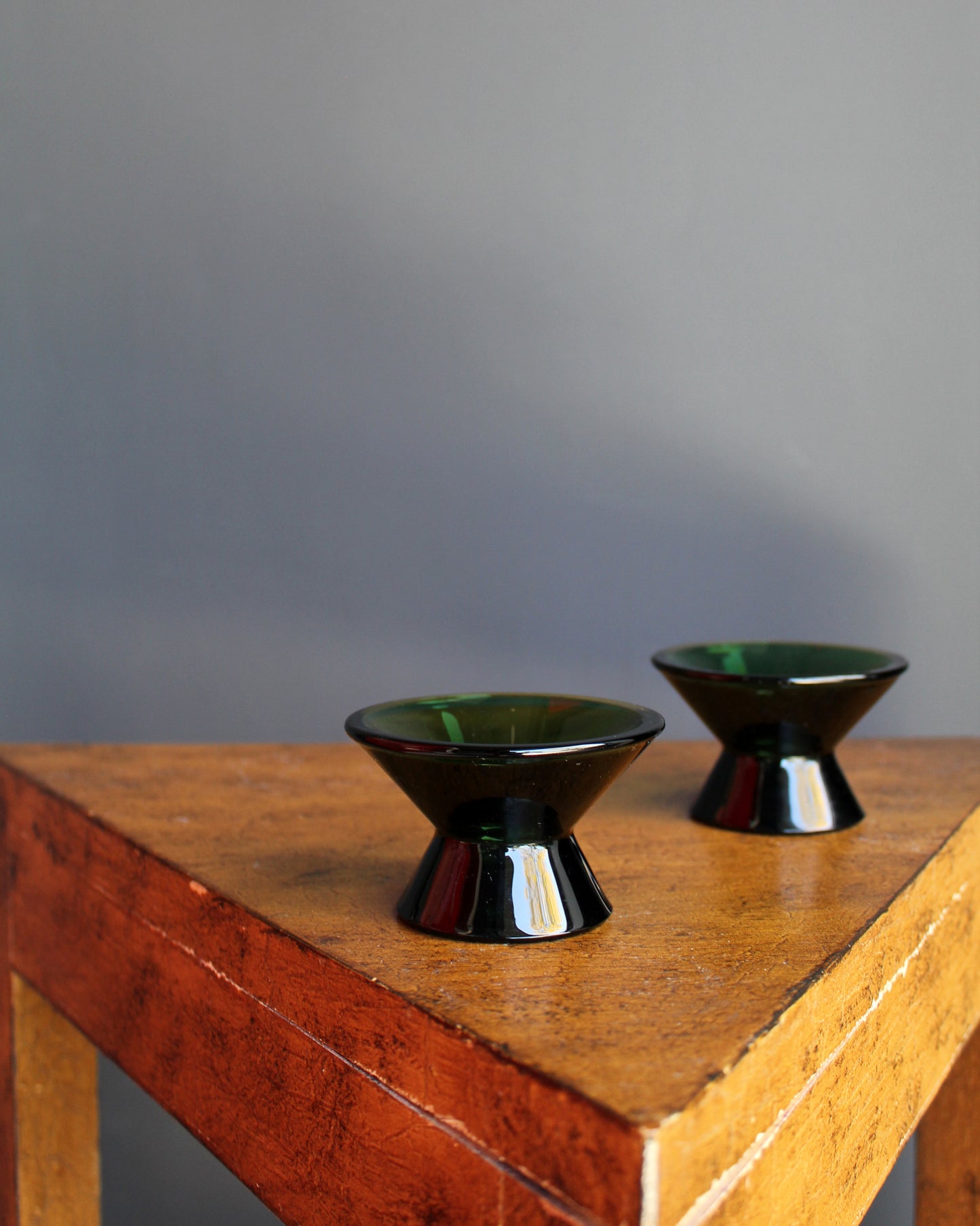 Deep Moss Green Glass Candle Holders, Pair