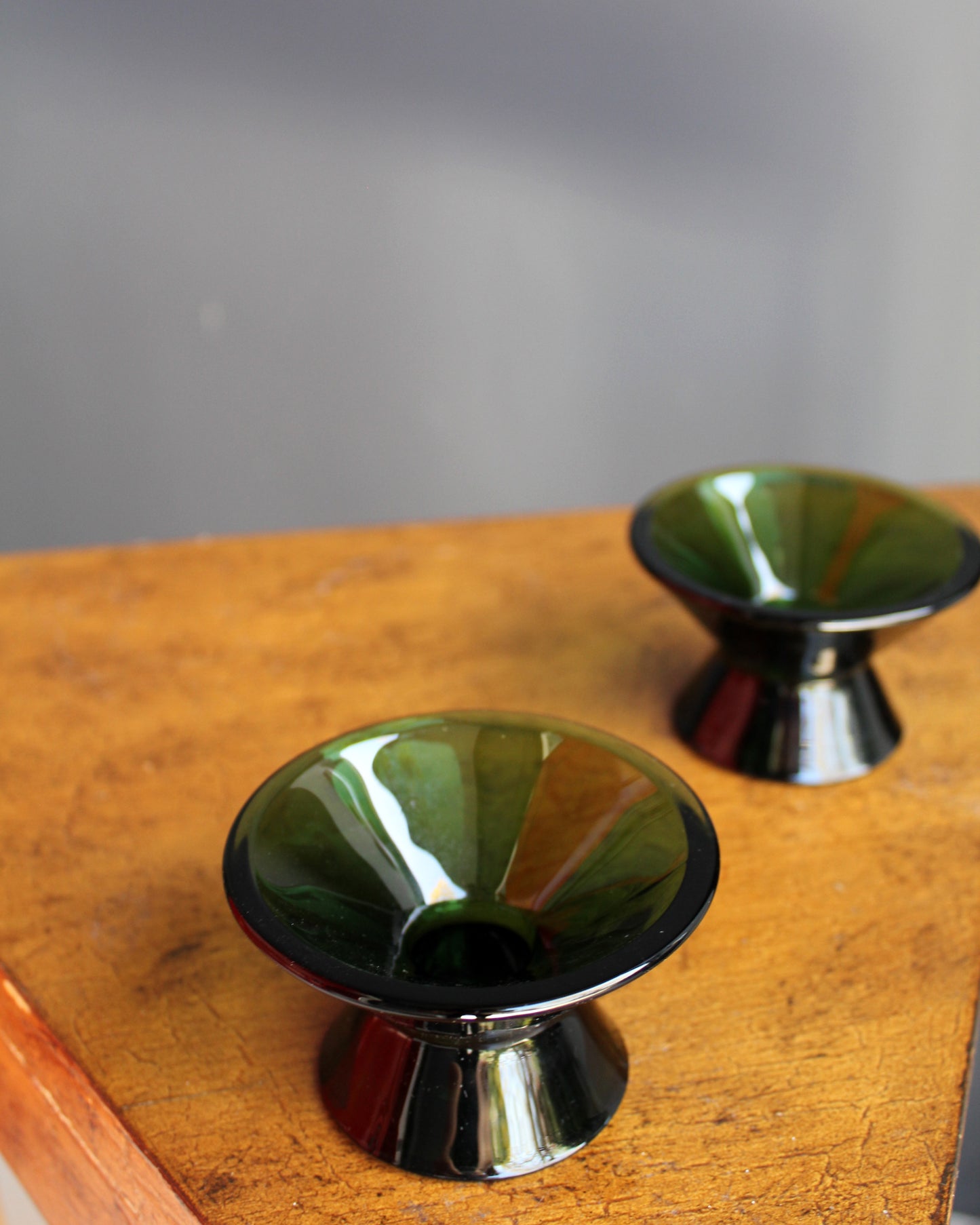 Deep Moss Green Glass Candle Holders, Pair