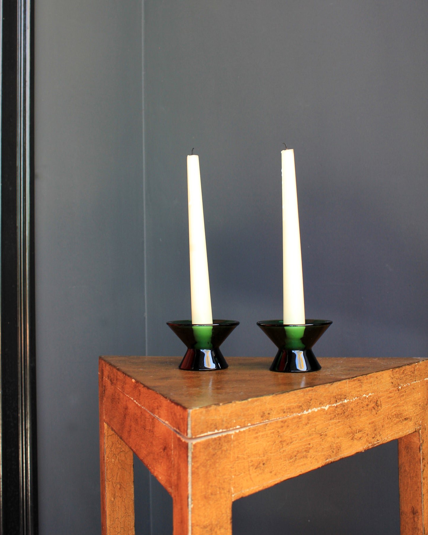 Deep Moss Green Glass Candle Holders, Pair