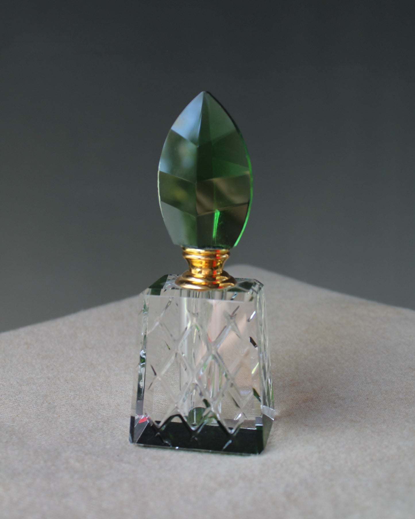 Vintage Cut Crystal Perfume Bottle Green, Clear and Brass