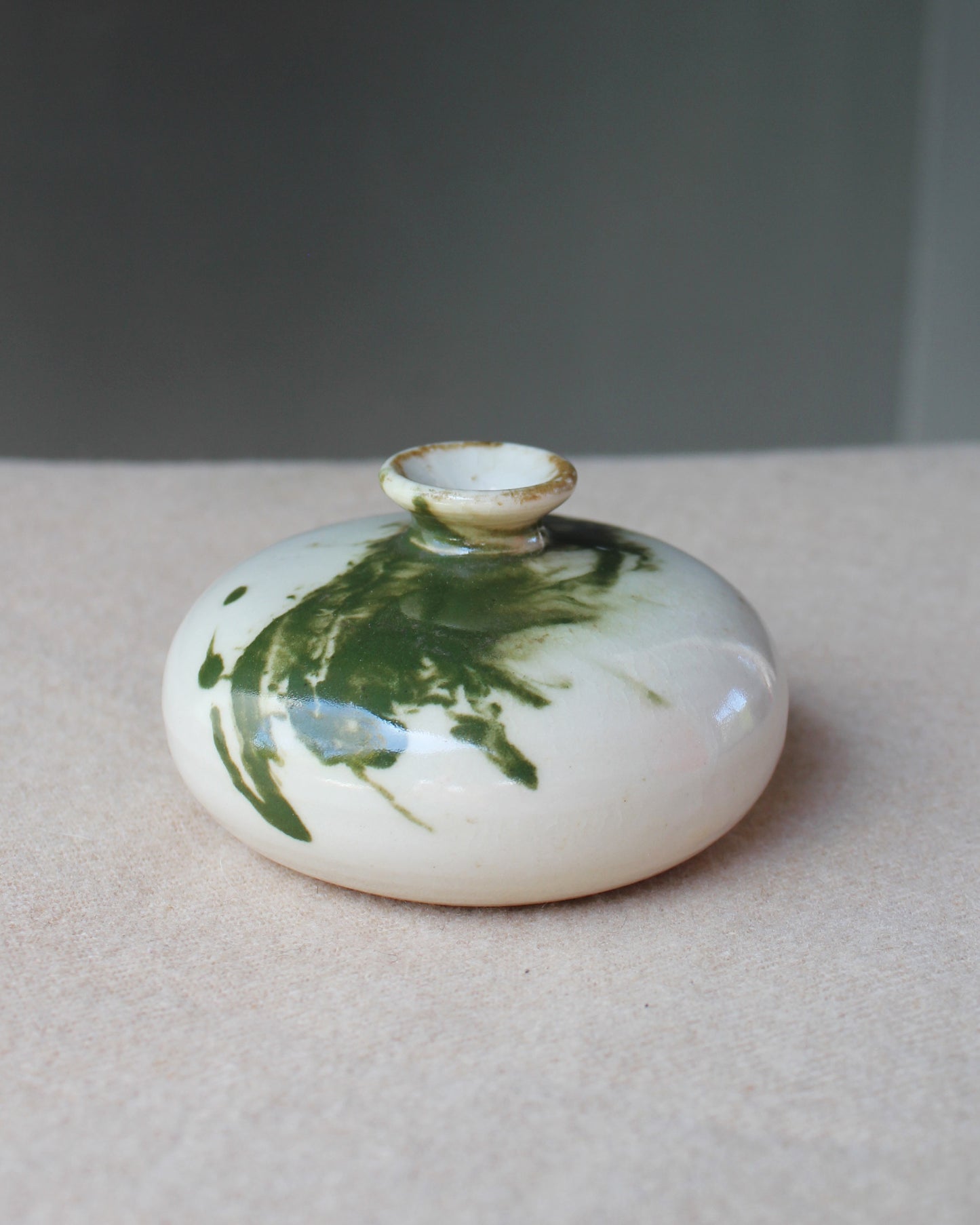 Japanese Style Ceramic Green and Bone Bud Vase