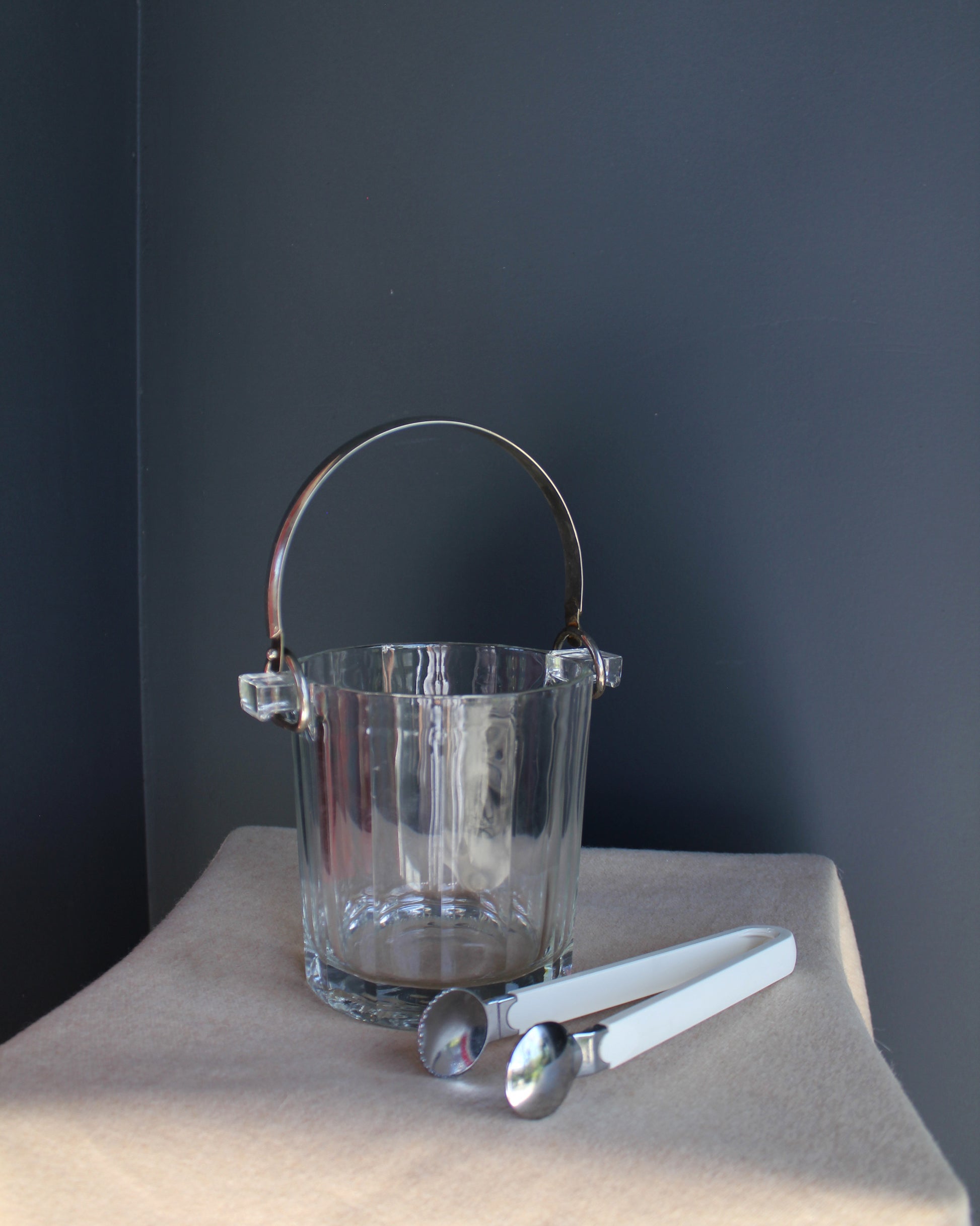 Vintage Faceted Glass Ice Bucket with Tongs and Silver Handle 