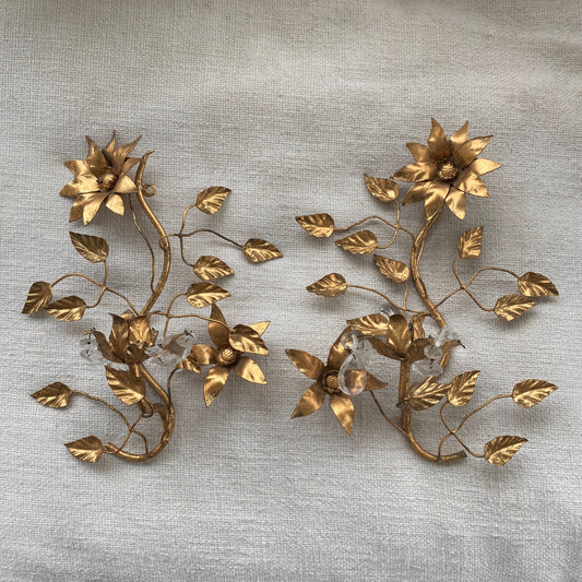 Gold vintage 1950s Floral wall mounted candle holders, pair