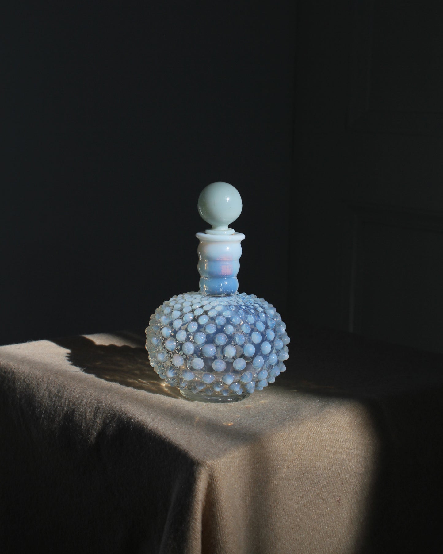 Fenton Perfume Bottle White Opalescent Hobnail Moonstone Glass, 1940s, vintage