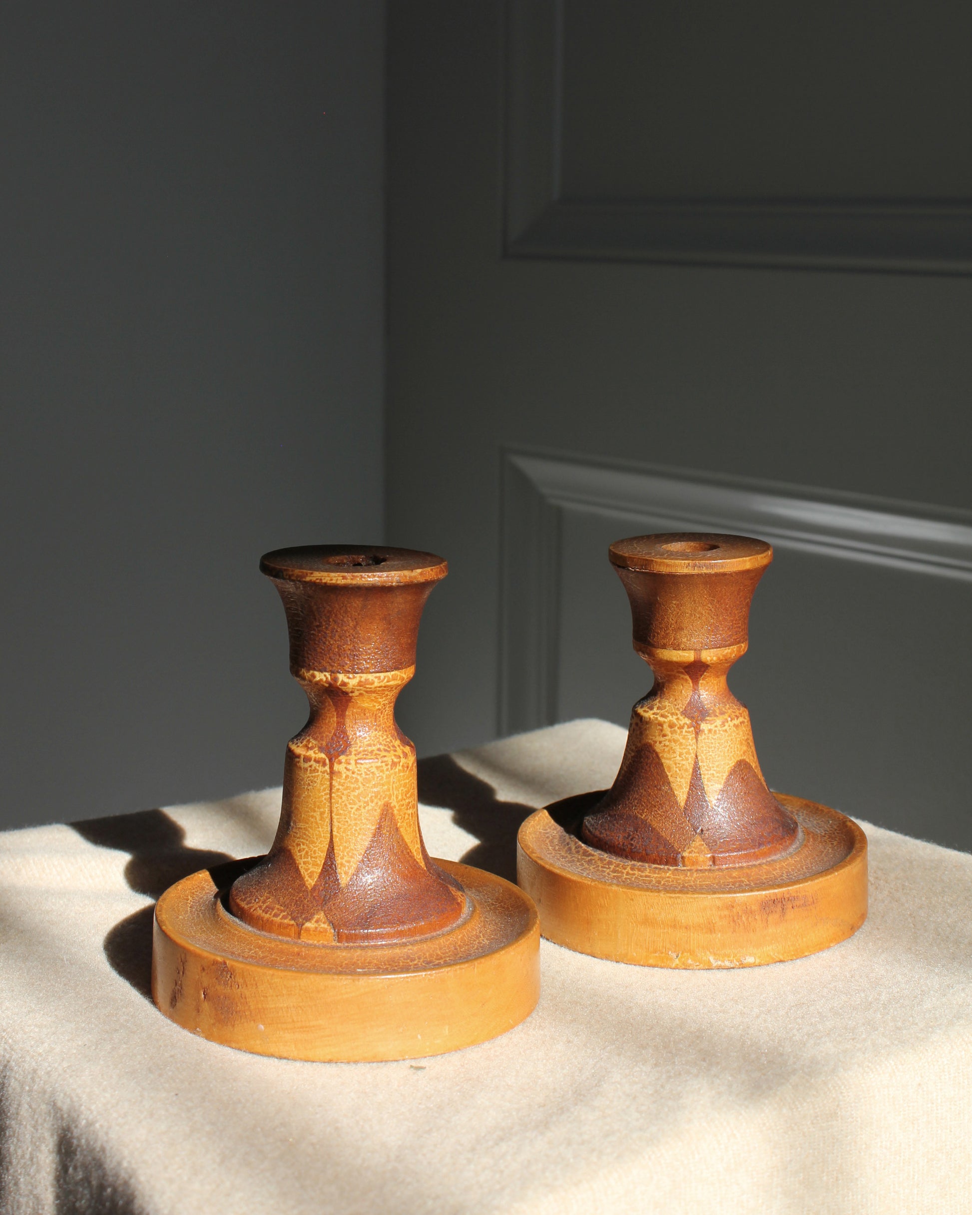 Vintage Midcentury Wooden Candlesticks, pair