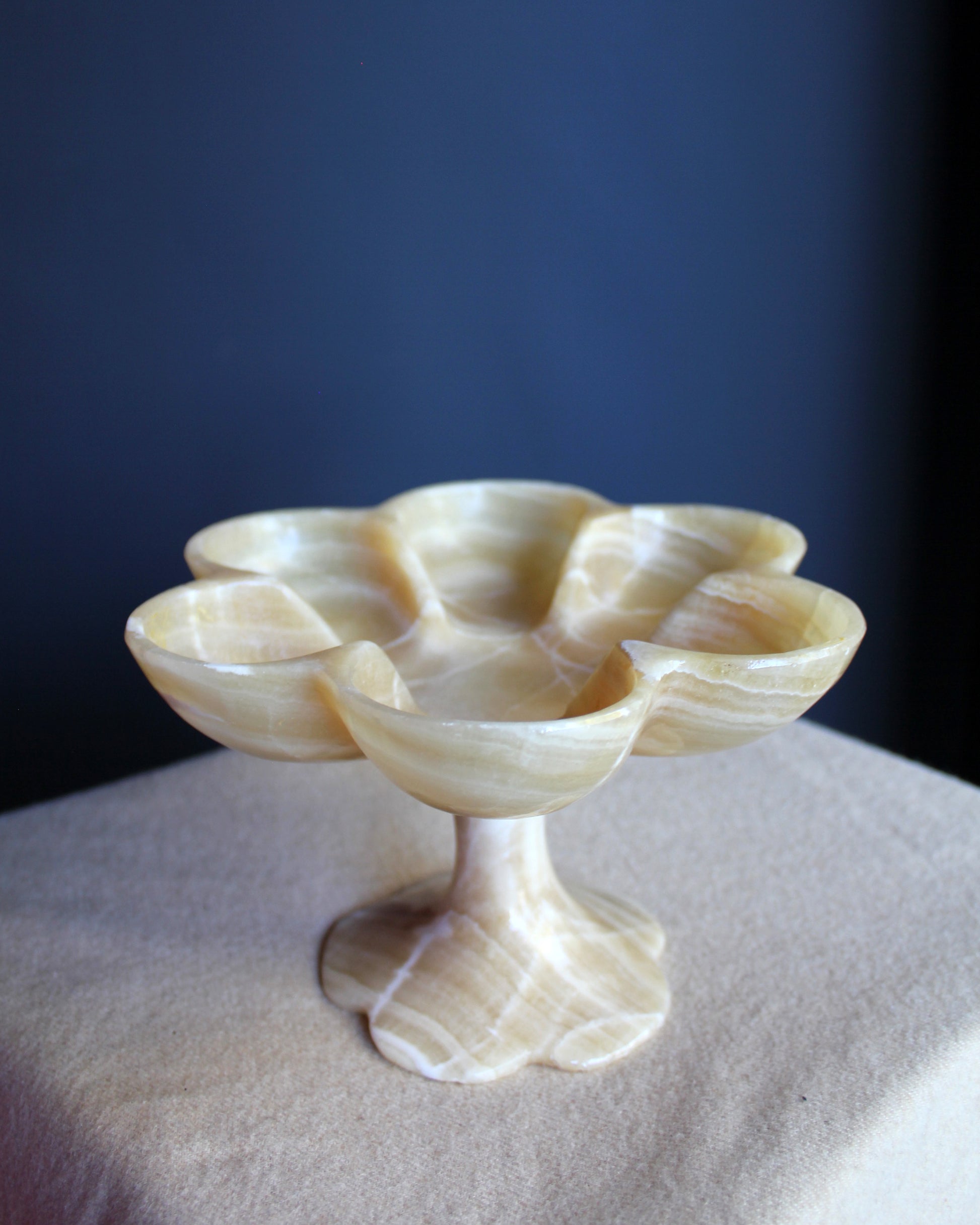 Vintage Travertine Floral Stone Pedestal Dish