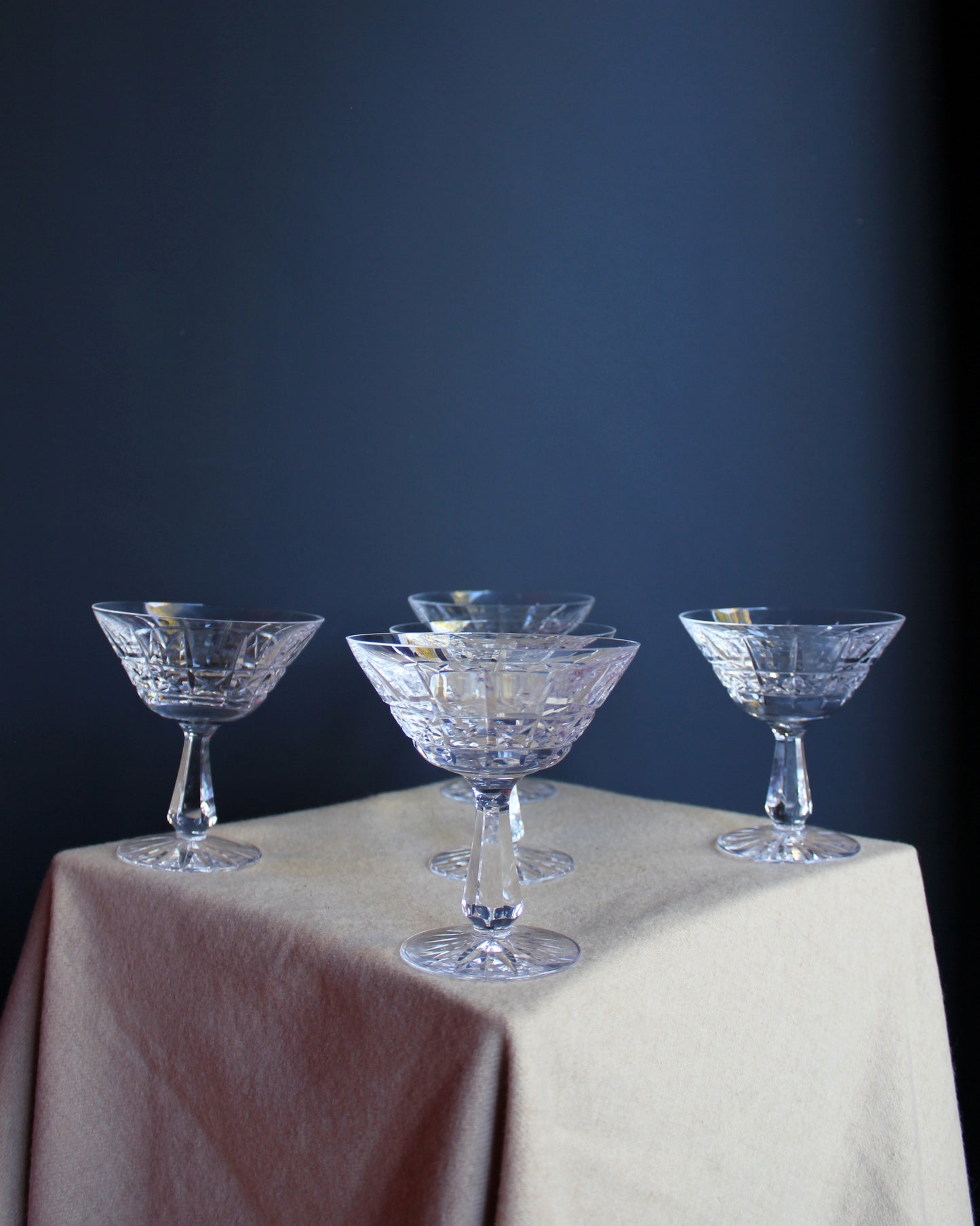 Cross Cut Glass Champagne Coupes, set of 5