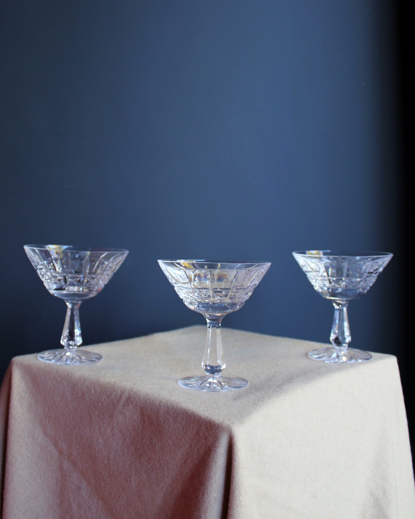 Cross Cut Glass Champagne Coupes, set of 5, vintage