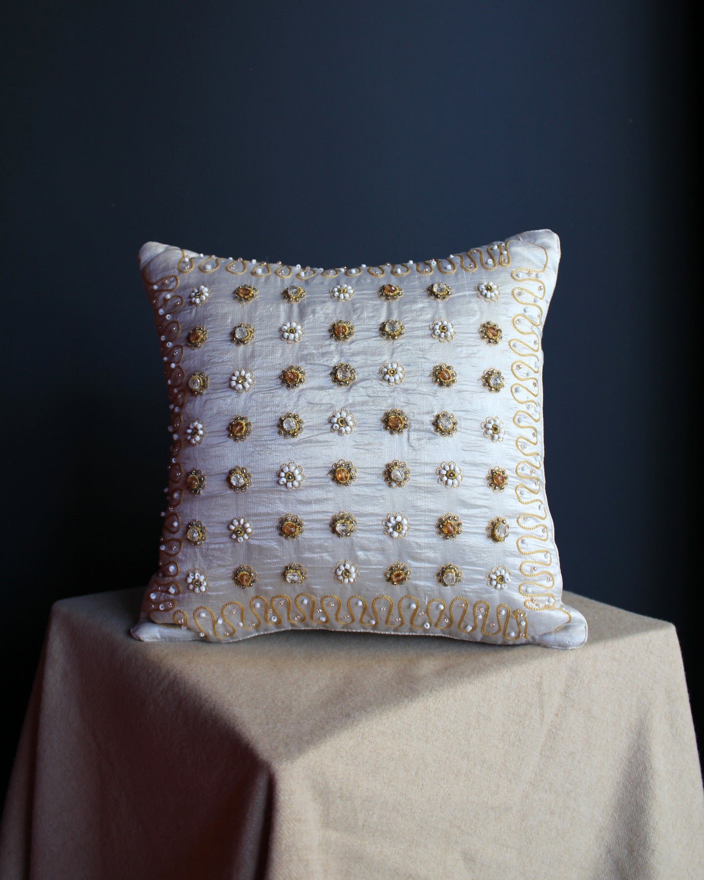 Vintage floral beaded cushion, linen and silk