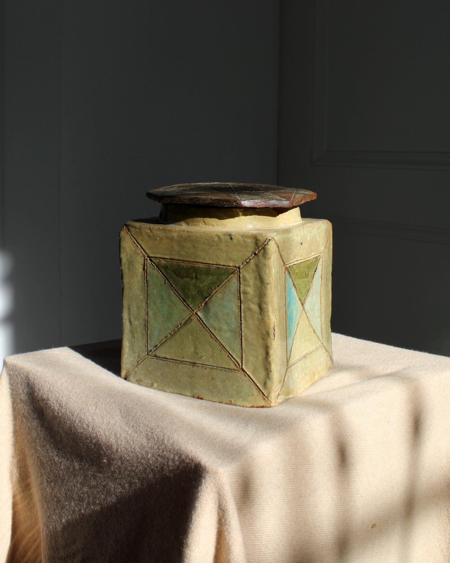 Geometric Green/ Blue Handmade Jar, outsider art