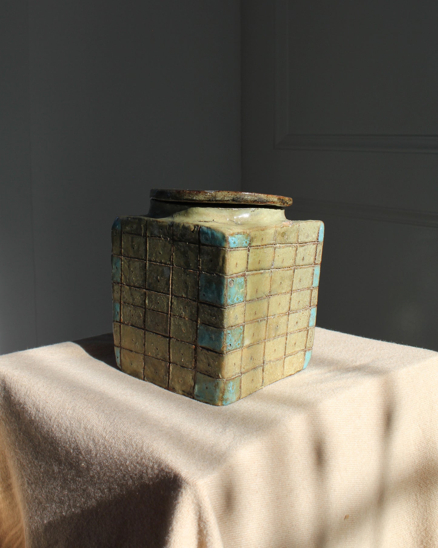 Grid Green/Blue Handmade Jar, outsider art