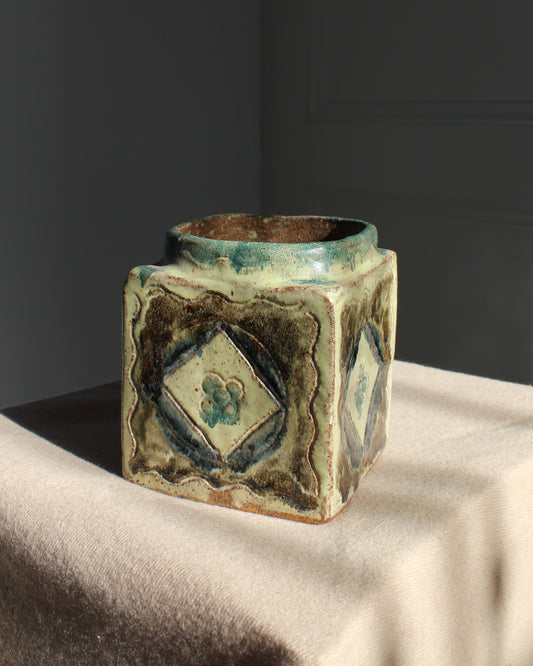 Handmade floral diamond ceramic pot, outsider art